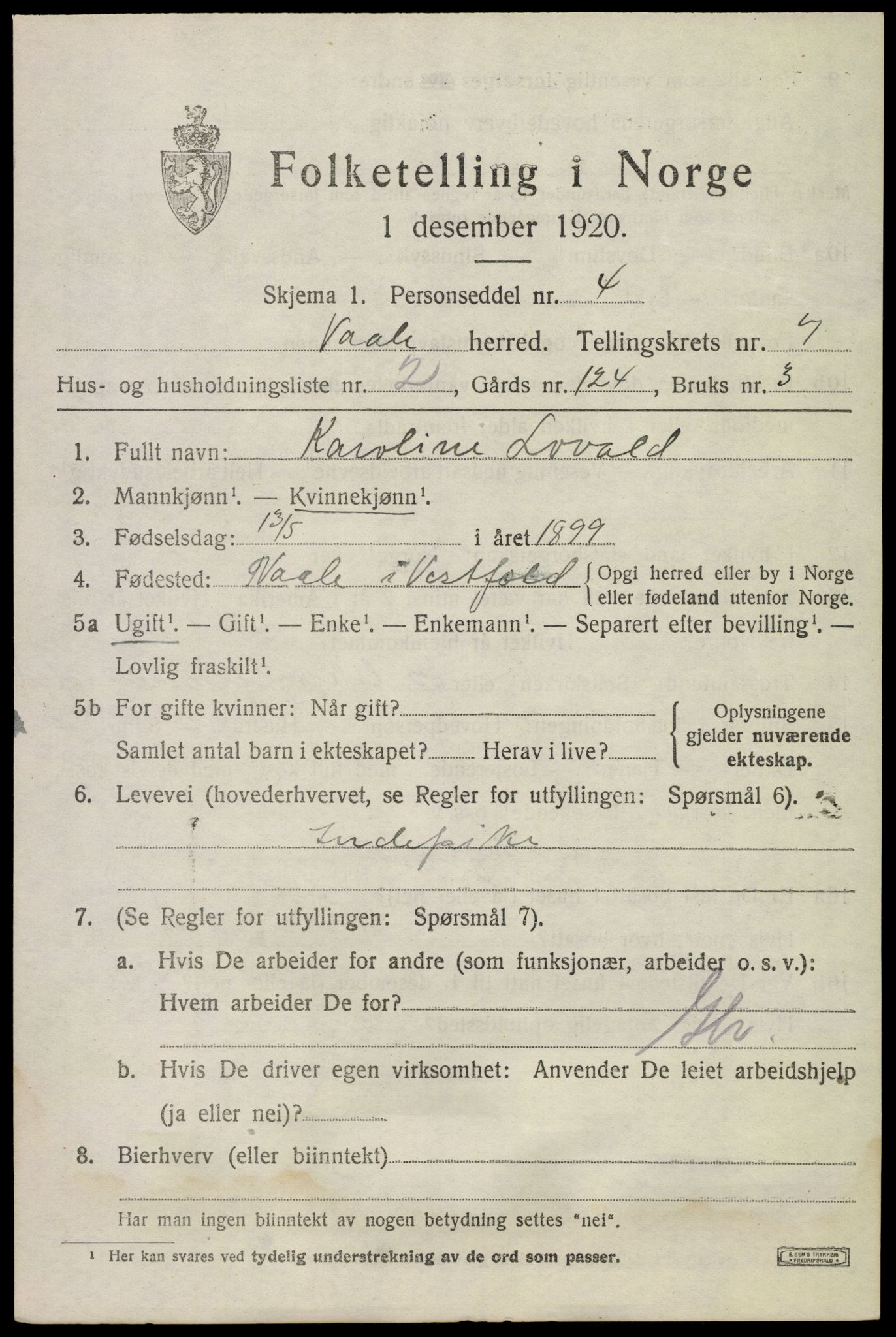 SAKO, Folketelling 1920 for 0716 Våle herred, 1920, s. 5516