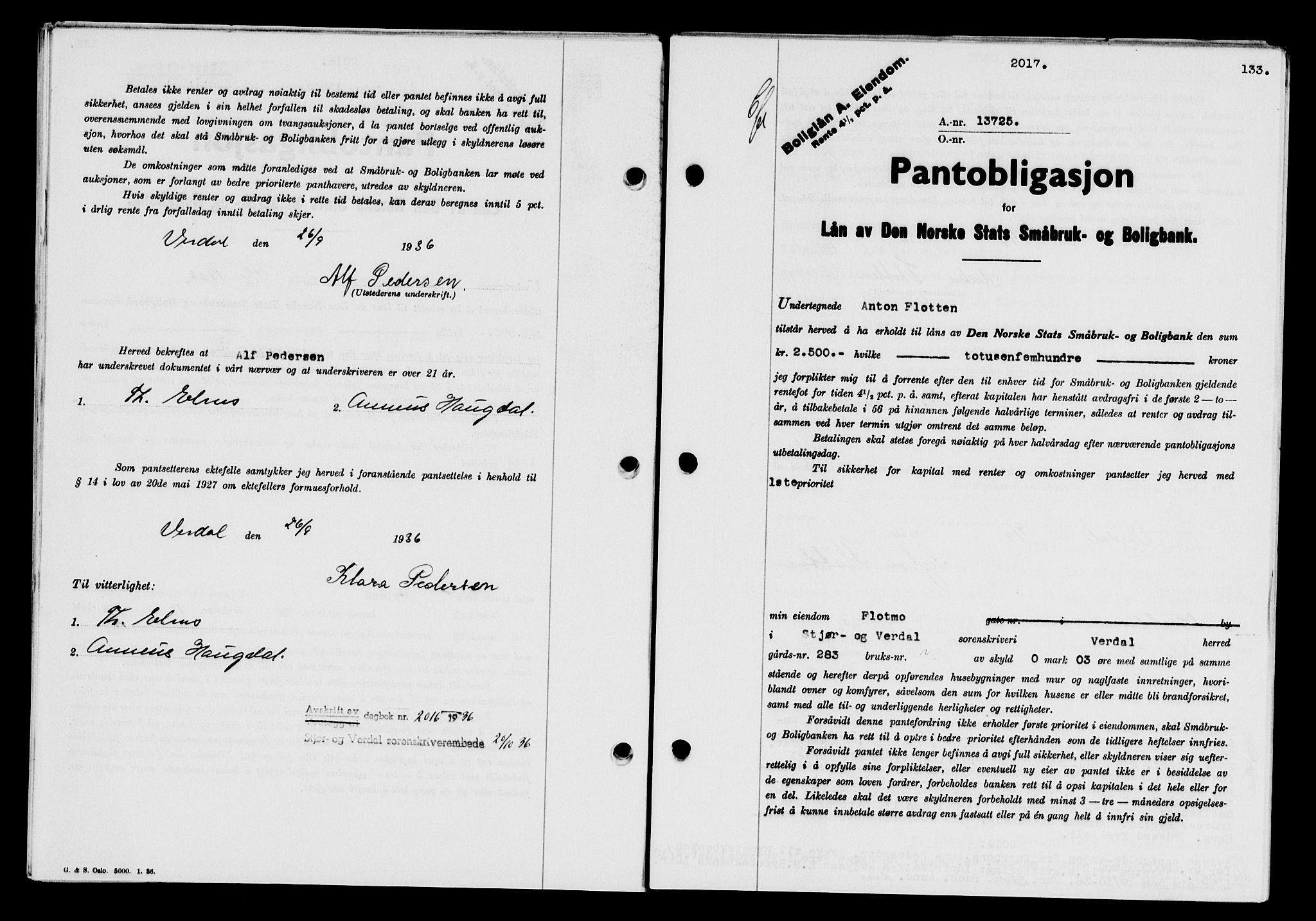 Stjør- og Verdal sorenskriveri, SAT/A-4167/1/2/2C/L0078: Pantebok nr. 46, 1936-1937, Dagboknr: 2017/1936