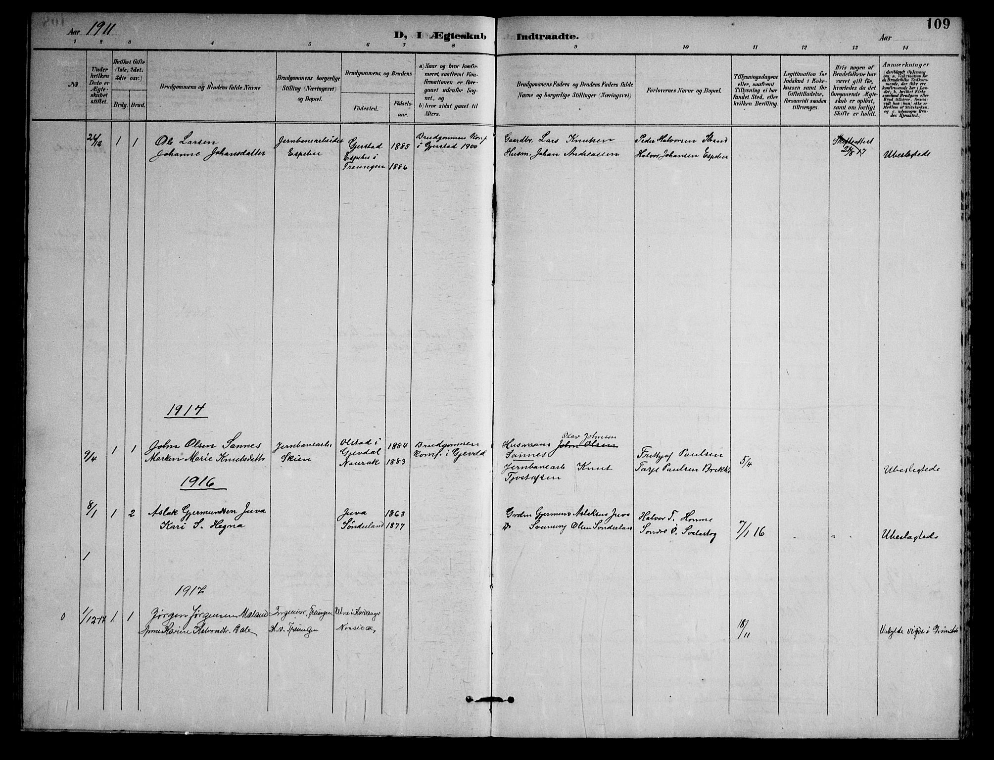 Nissedal kirkebøker, AV/SAKO-A-288/G/Gb/L0003: Klokkerbok nr. II 3, 1893-1928, s. 109
