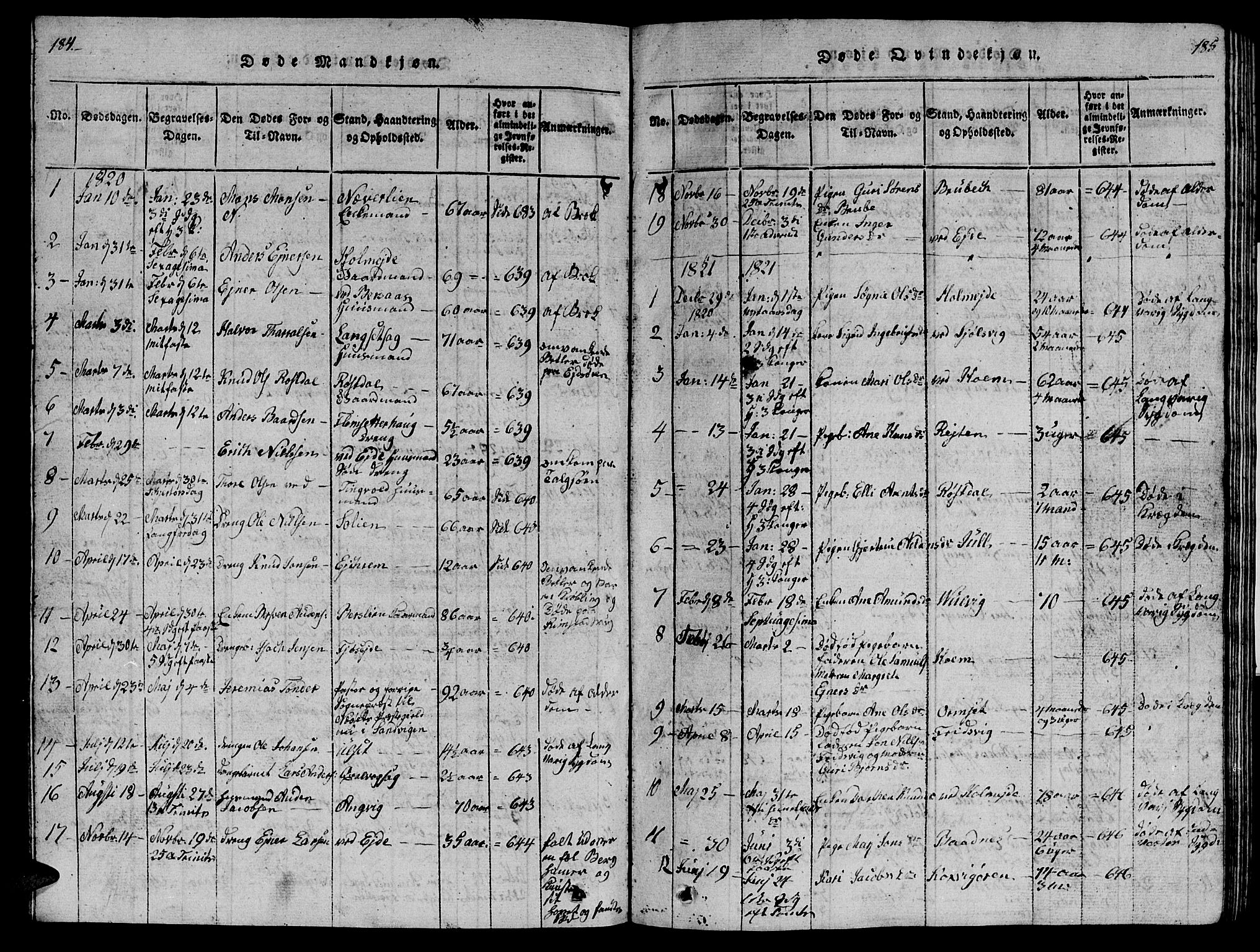 Ministerialprotokoller, klokkerbøker og fødselsregistre - Møre og Romsdal, AV/SAT-A-1454/586/L0990: Klokkerbok nr. 586C01, 1819-1837, s. 184-185