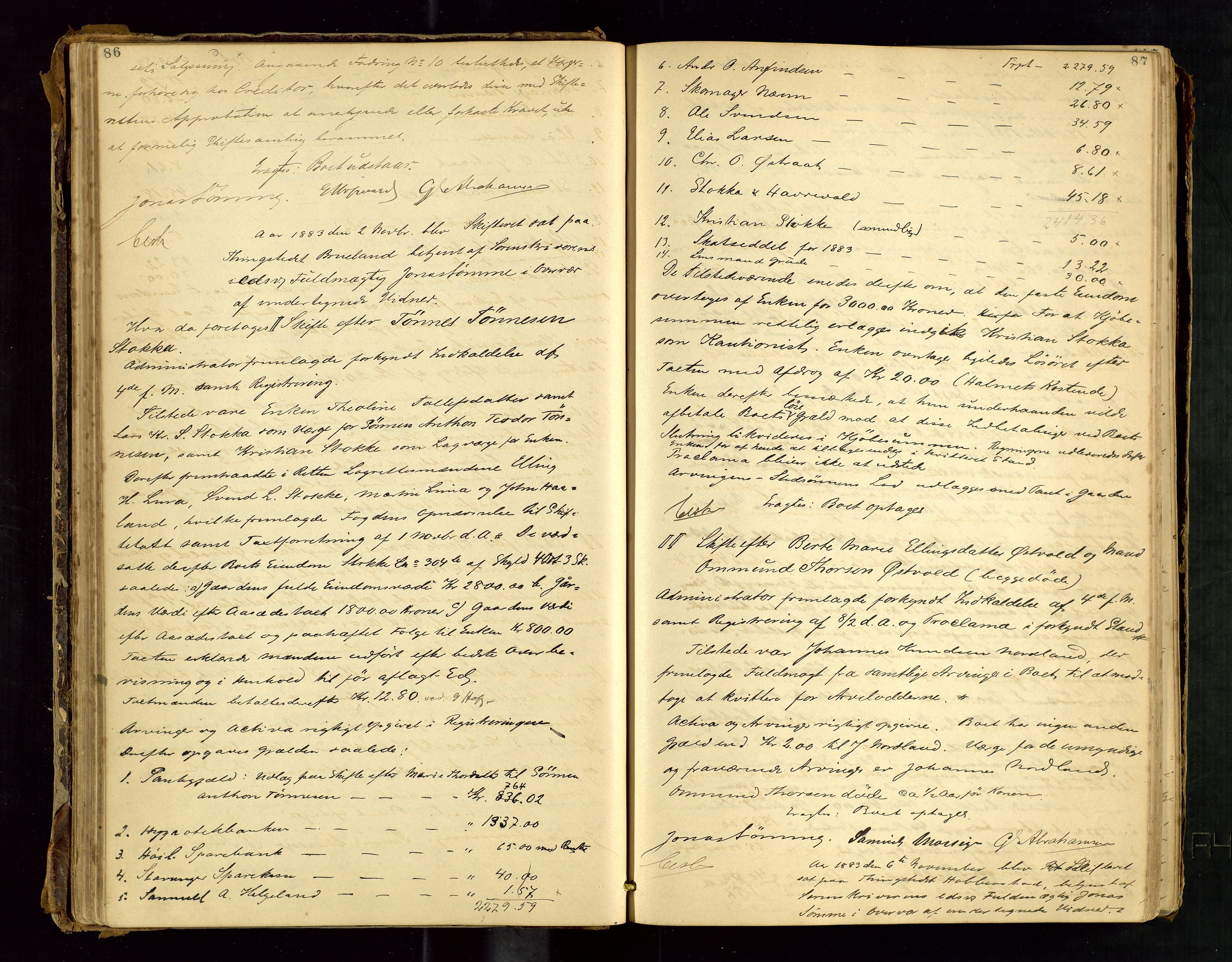 Jæren sorenskriveri, AV/SAST-A-100310/01/5/50/50BA/L0003: SKIFTEFORHANDLINGSPROTOKOLL, 1882-1890, s. 86-87