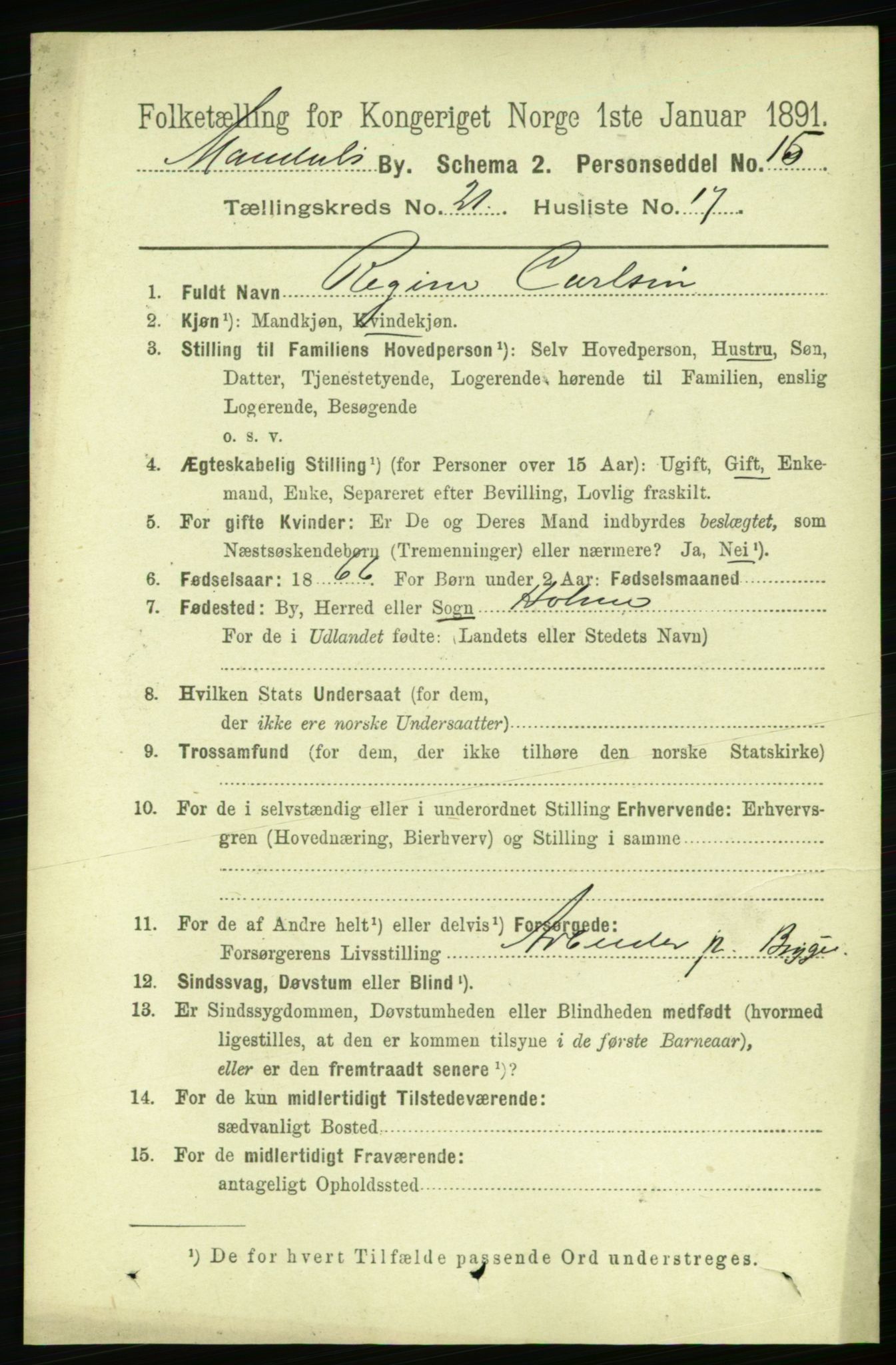 RA, Folketelling 1891 for 1002 Mandal ladested, 1891, s. 4167