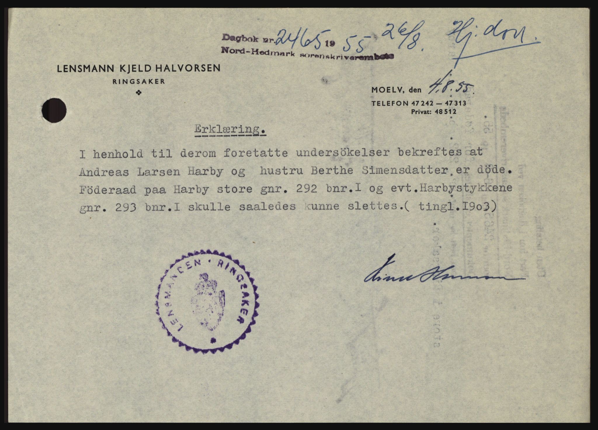 Nord-Hedmark sorenskriveri, SAH/TING-012/H/Hc/L0010: Pantebok nr. 10, 1955-1956, Dagboknr: 2465/1955