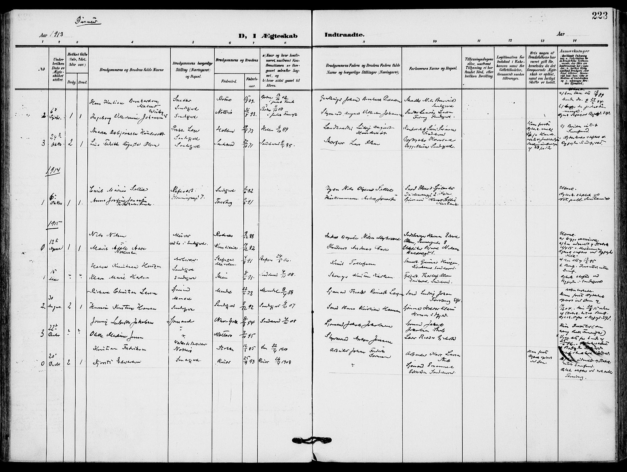 Sandefjord kirkebøker, SAKO/A-315/F/Fa/L0005: Ministerialbok nr. 5, 1906-1915, s. 223