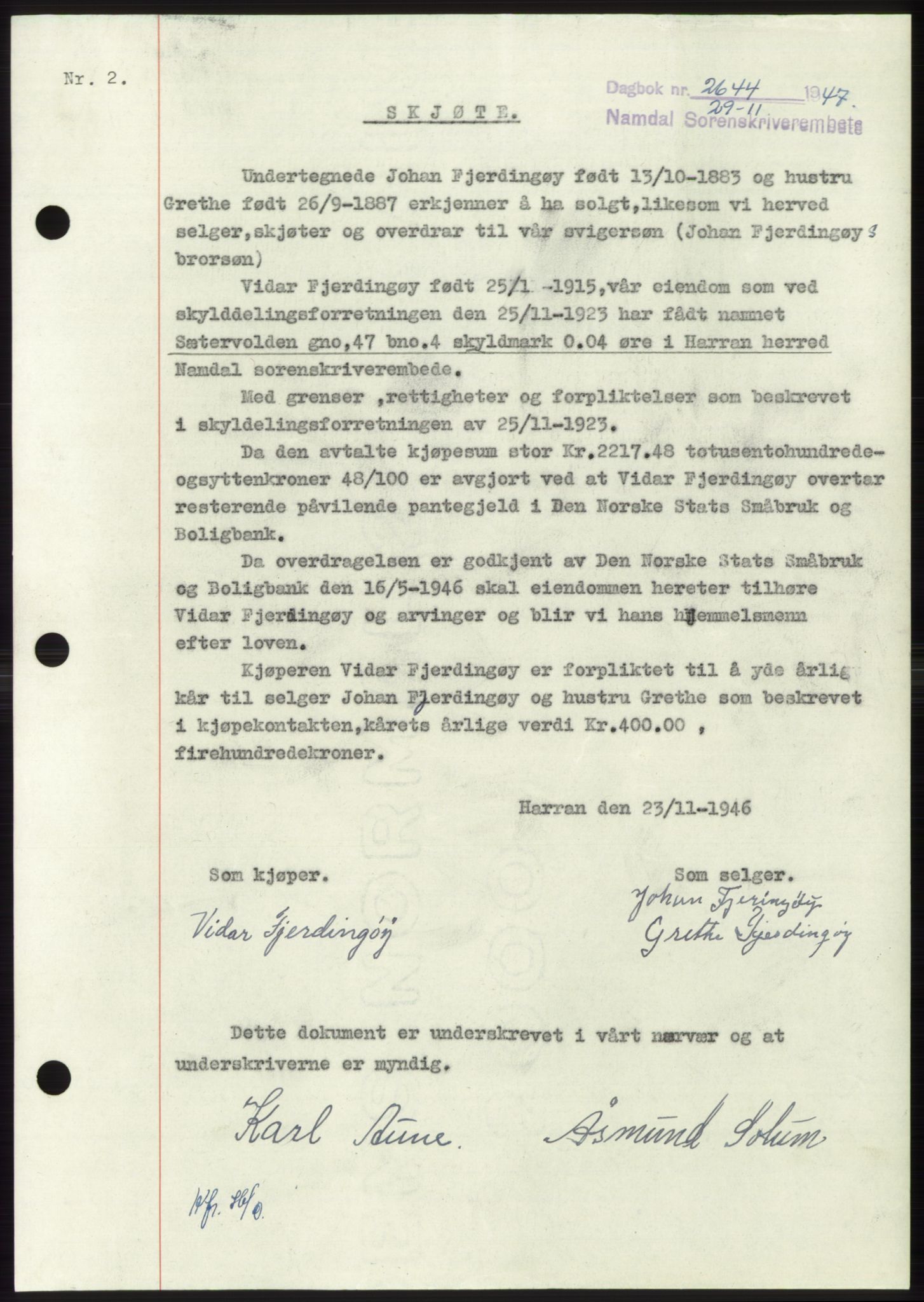 Namdal sorenskriveri, SAT/A-4133/1/2/2C: Pantebok nr. -, 1947-1948, Dagboknr: 2644/1947