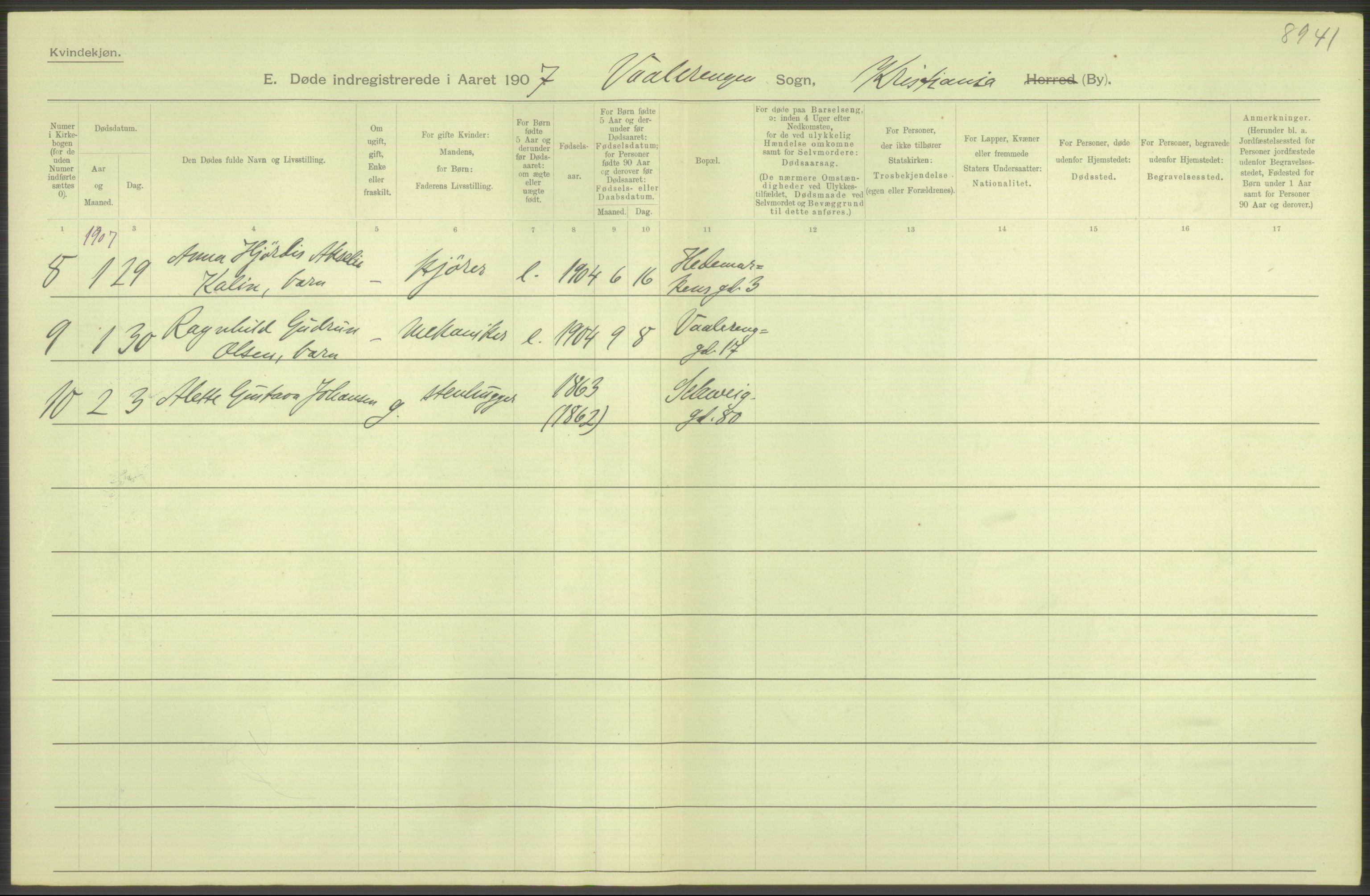 Statistisk sentralbyrå, Sosiodemografiske emner, Befolkning, AV/RA-S-2228/D/Df/Dfa/Dfae/L0009: Kristiania: Døde, 1907, s. 522