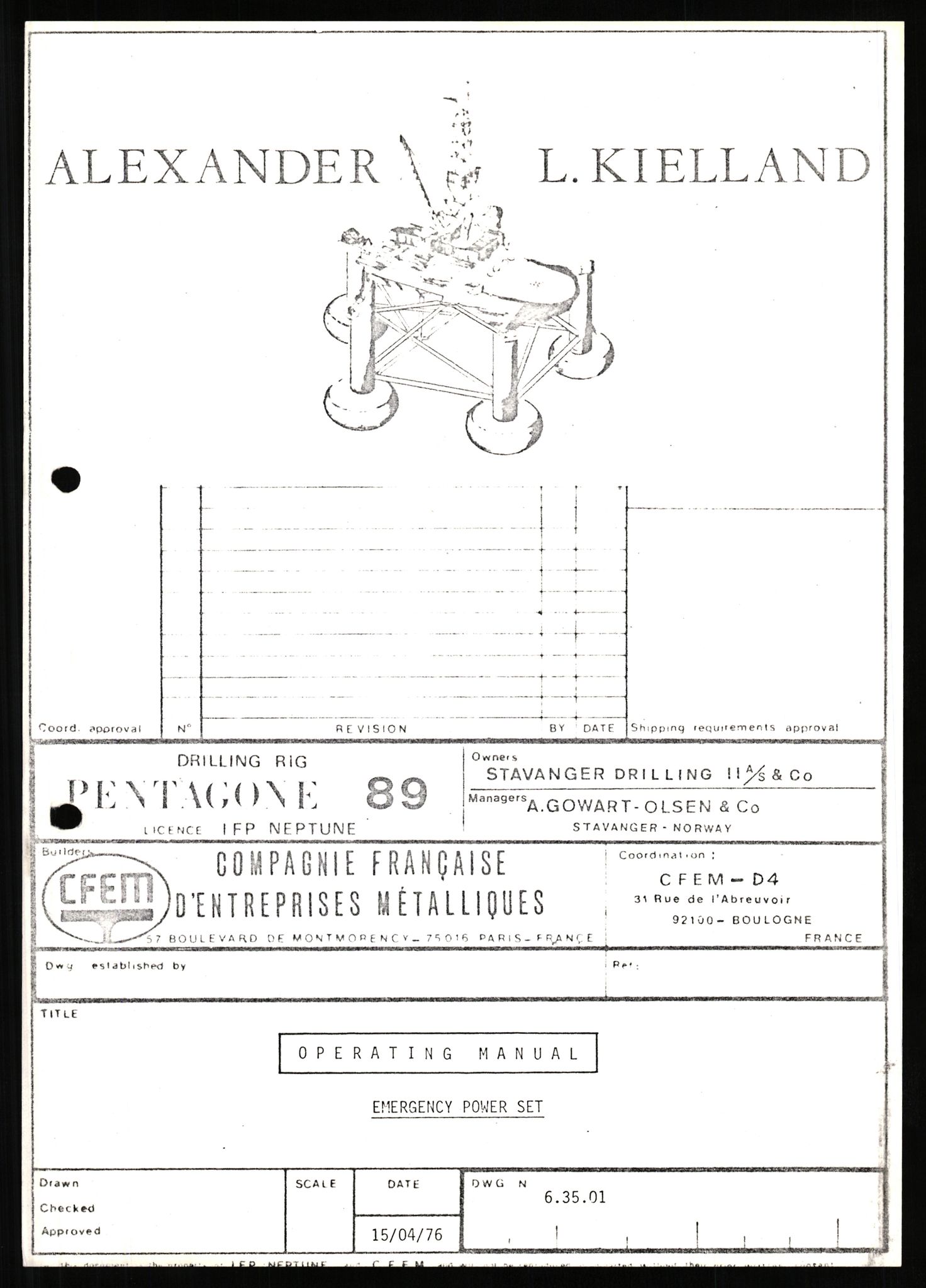 Pa 1503 - Stavanger Drilling AS, AV/SAST-A-101906/2/E/Eb/Ebb/L0003: Alexander L. Kielland plattform - Operation manual, 1976, s. 1