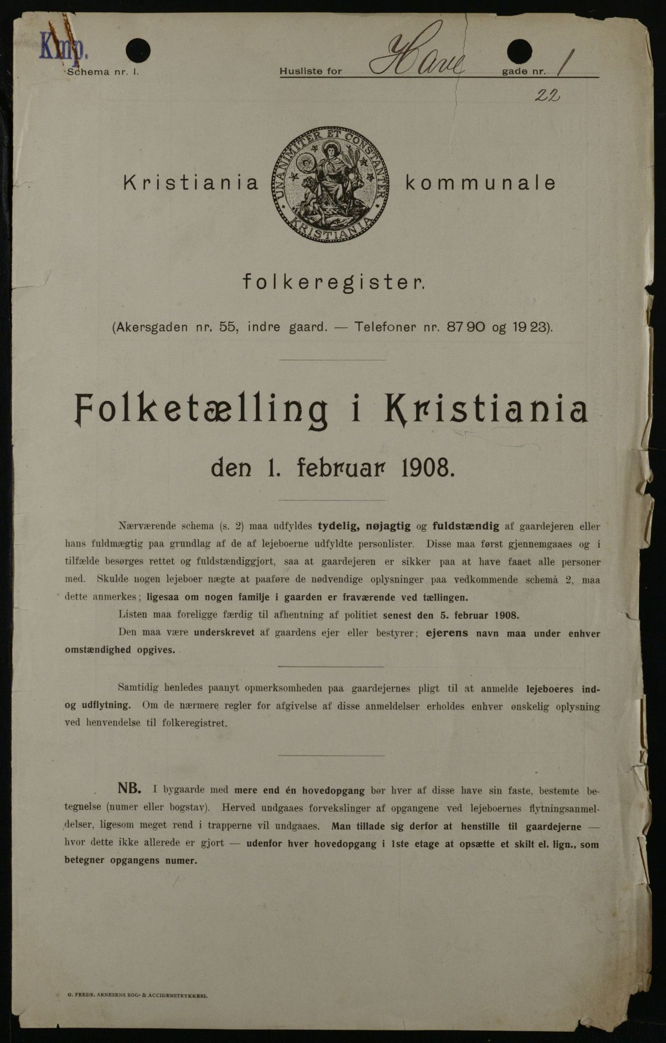 OBA, Kommunal folketelling 1.2.1908 for Kristiania kjøpstad, 1908, s. 30110