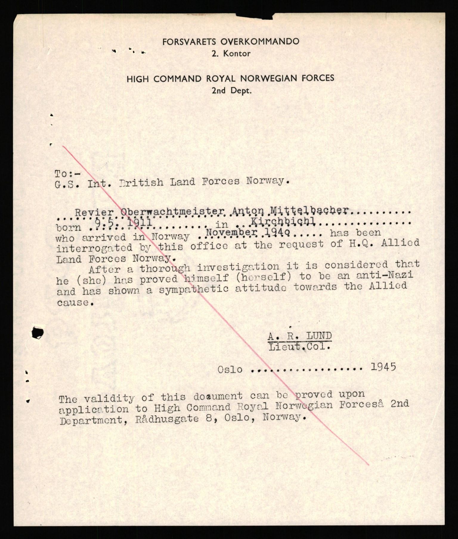 Forsvaret, Forsvarets overkommando II, AV/RA-RAFA-3915/D/Db/L0039: CI Questionaires. Tyske okkupasjonsstyrker i Norge. Østerrikere., 1945-1946, s. 451