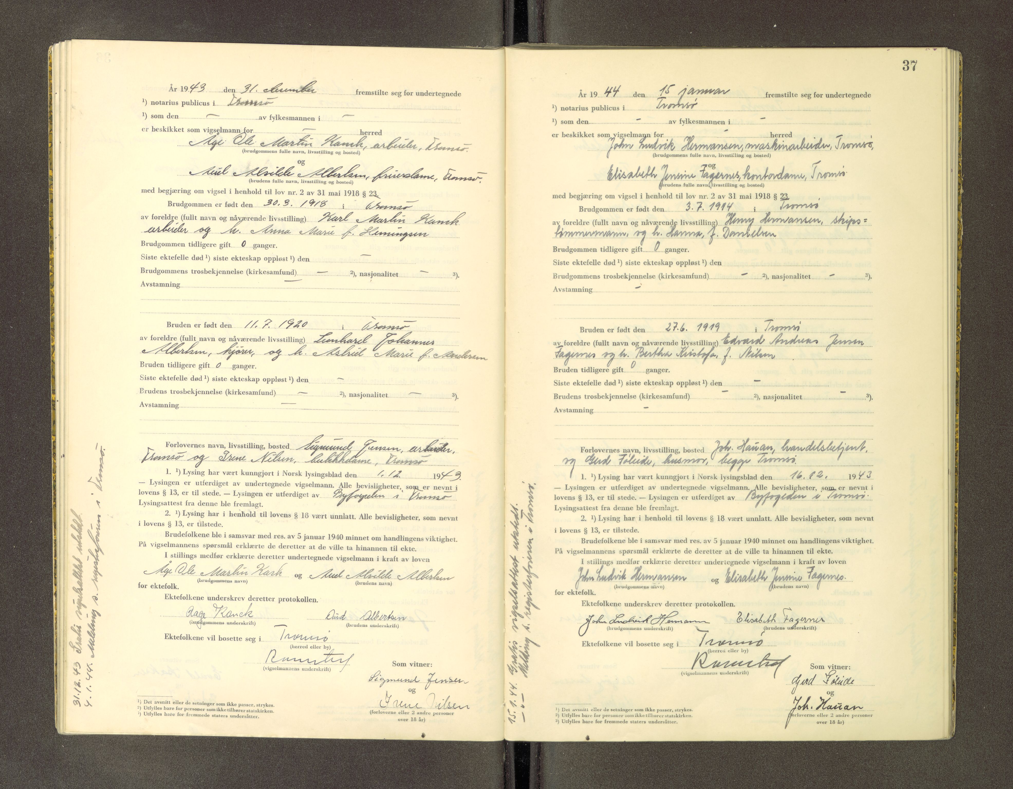 Tromsø byfogd/byrett, AV/SATØ-SATØ-0063/1/Ob/Obc/L0986: Vigselsbok, 1942-1945, s. 37