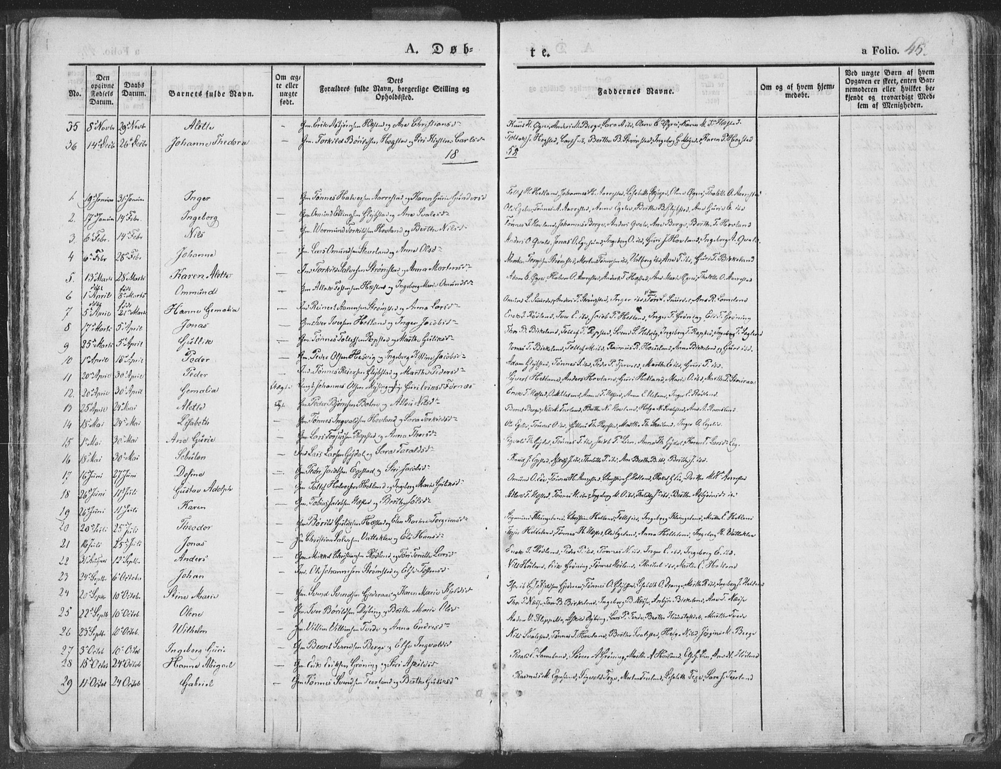 Helleland sokneprestkontor, SAST/A-101810: Ministerialbok nr. A 6.1, 1834-1863, s. 45