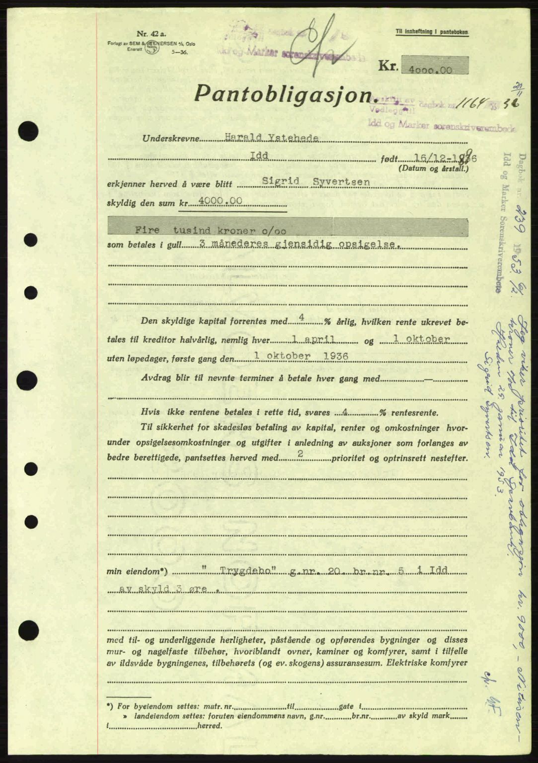 Idd og Marker sorenskriveri, AV/SAO-A-10283/G/Gb/Gbc/L0001: Pantebok nr. B1-3, 1936-1939, Dagboknr: 1164/1936