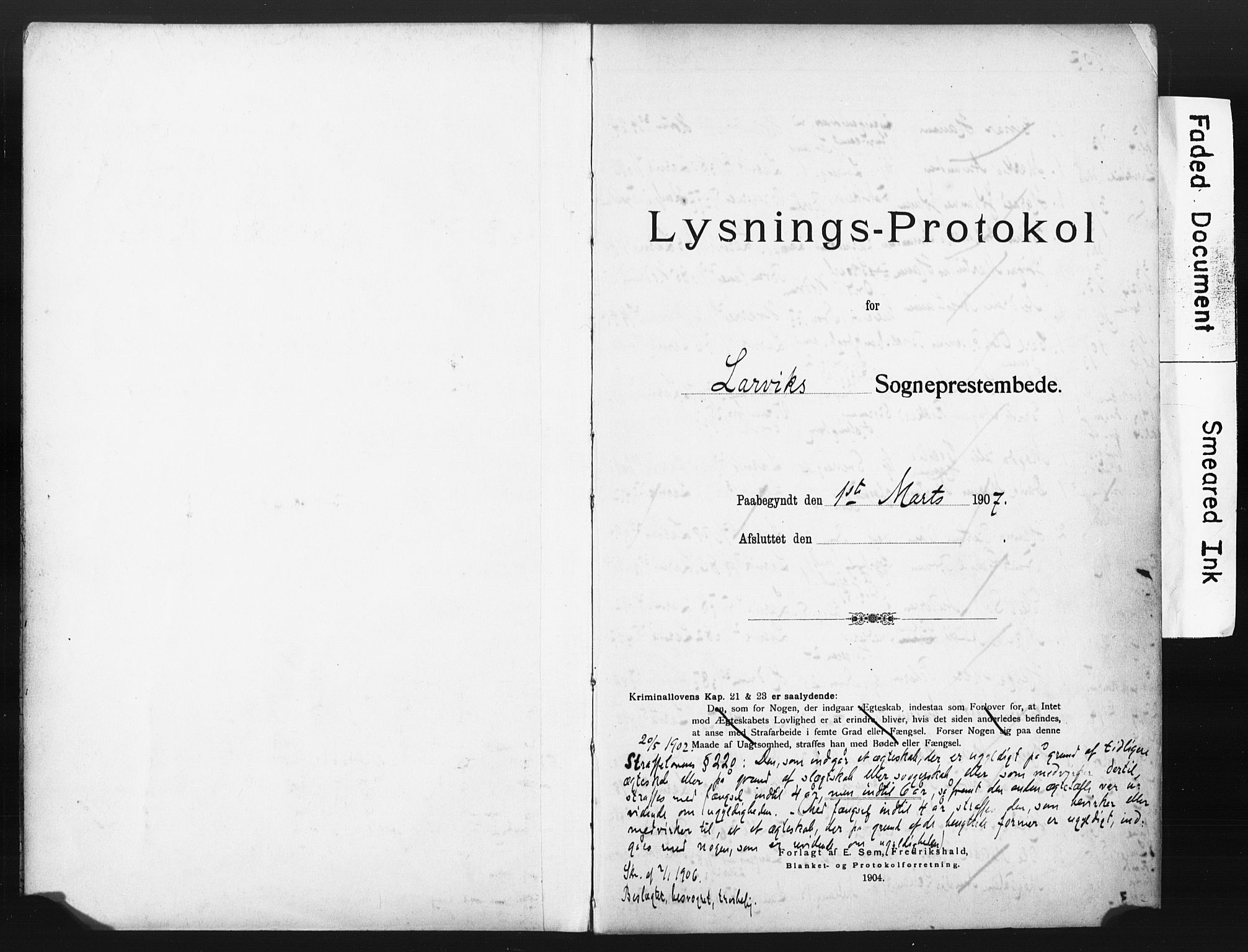 Larvik kirkebøker, SAKO/A-352/H/Ha/L0003: Lysningsprotokoll nr. 3, 1907-1918