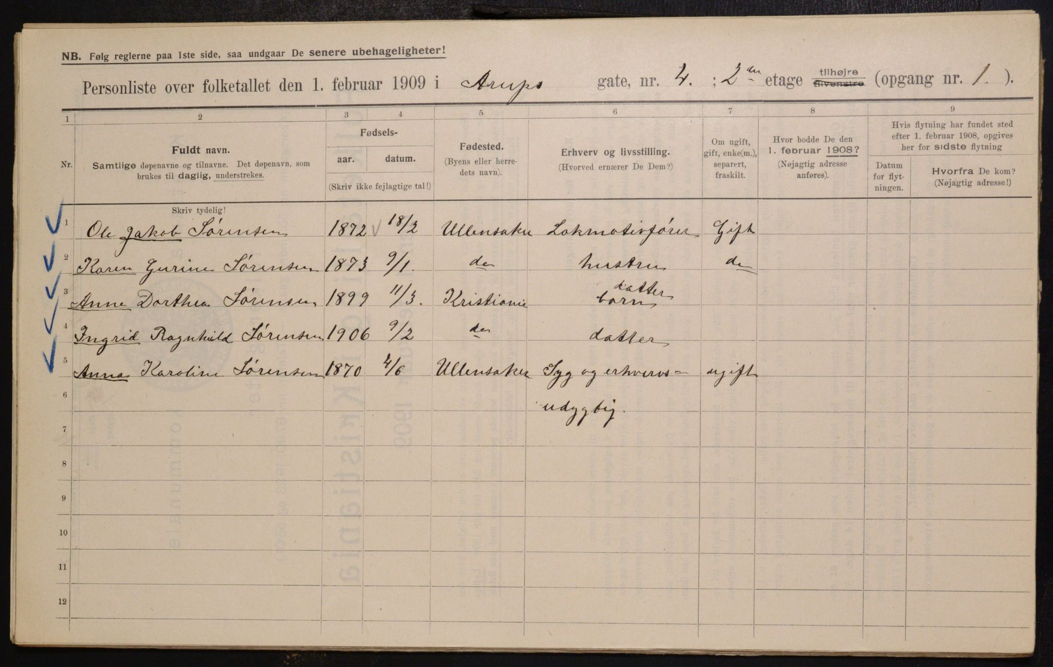 OBA, Kommunal folketelling 1.2.1909 for Kristiania kjøpstad, 1909, s. 2061