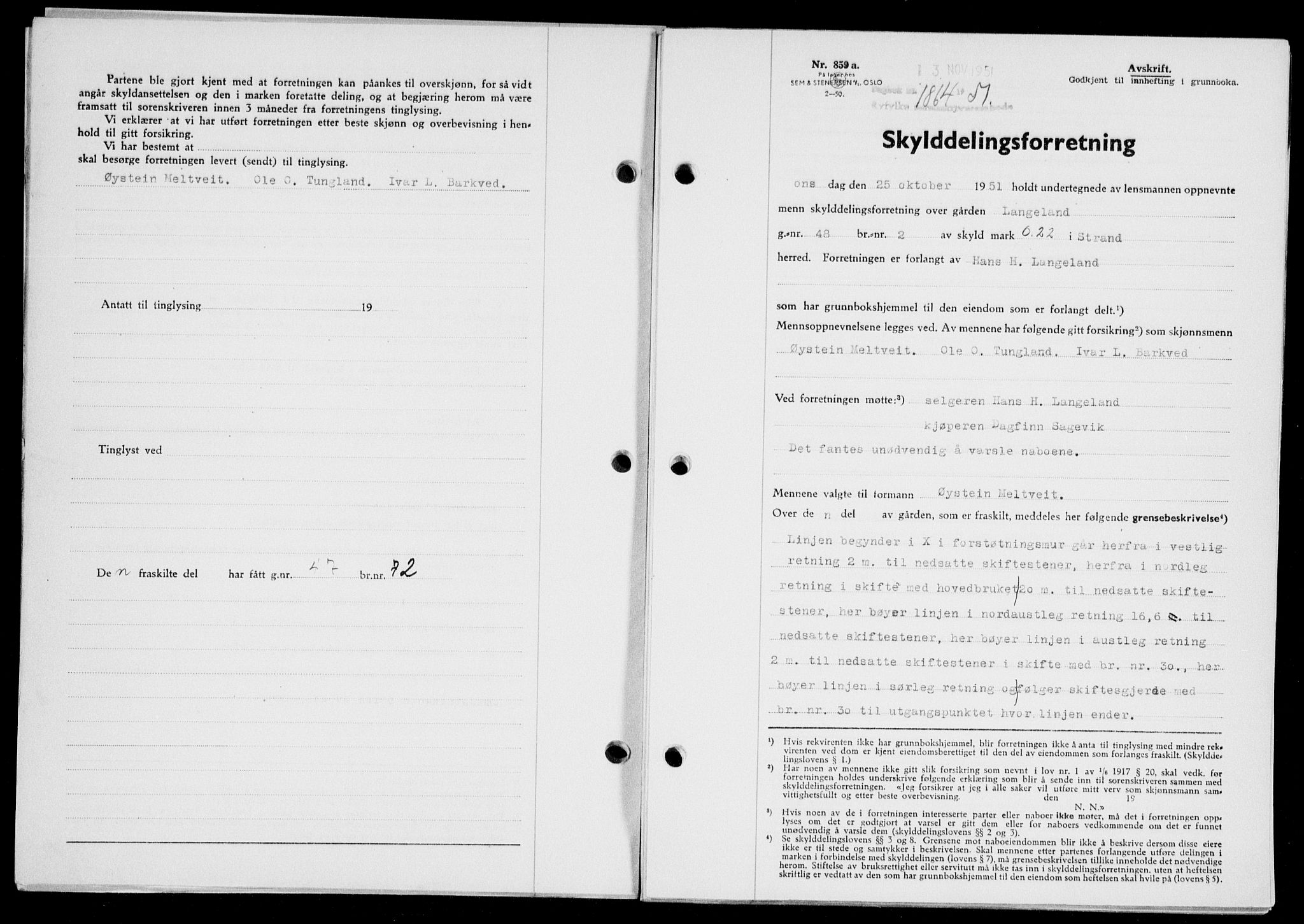 Ryfylke tingrett, SAST/A-100055/001/II/IIB/L0114: Pantebok nr. 93, 1951-1951, Dagboknr: 1864/1951