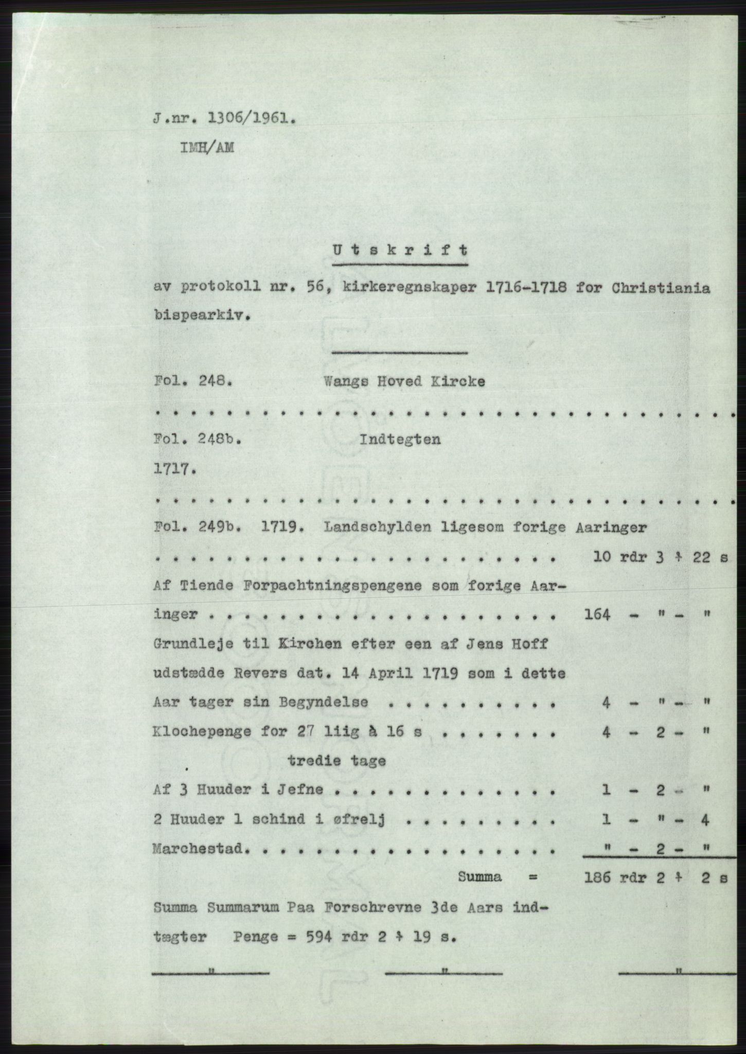 Statsarkivet i Oslo, AV/SAO-A-10621/Z/Zd/L0014: Avskrifter, j.nr 1101-1809/1961, 1961, s. 116