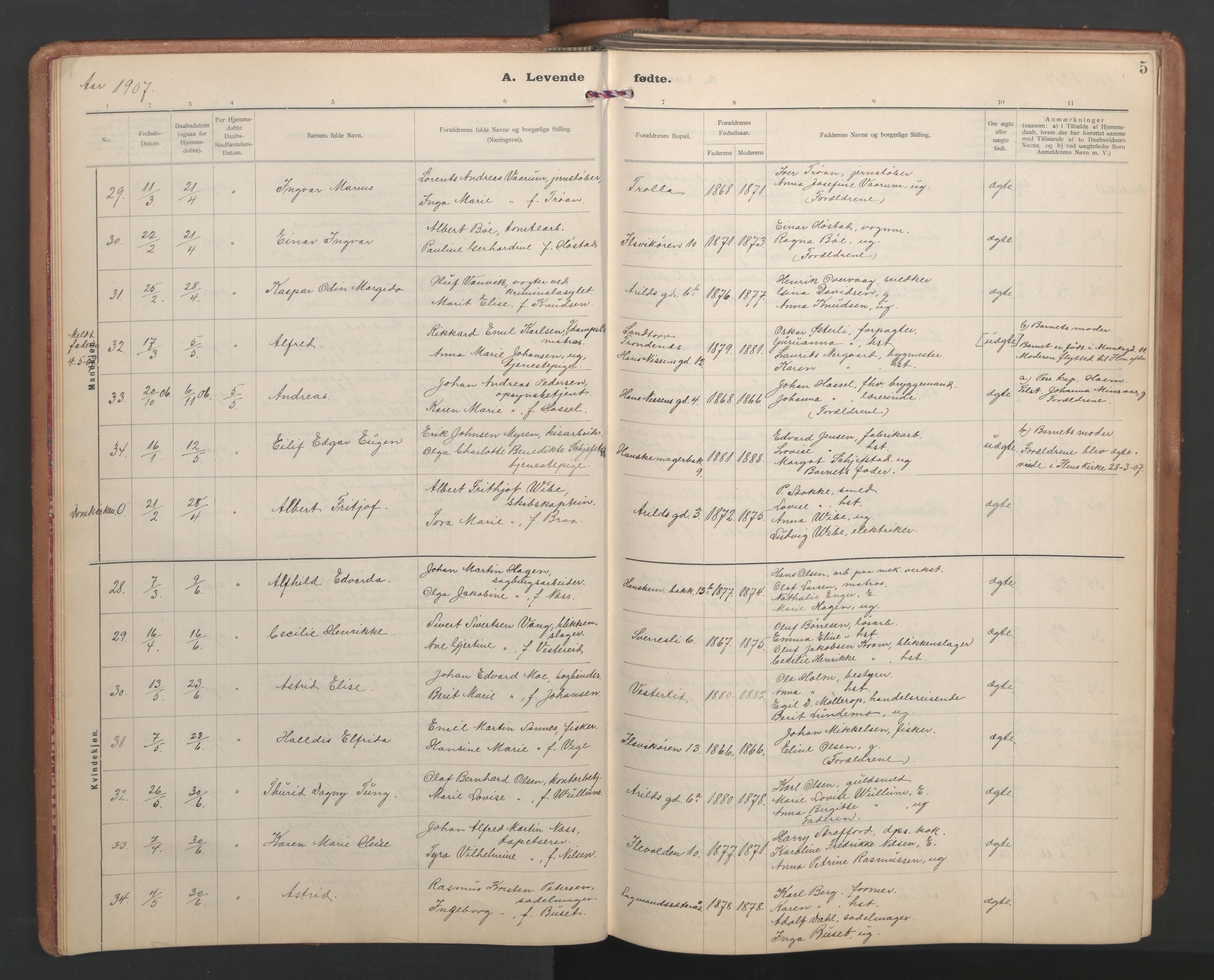 Ministerialprotokoller, klokkerbøker og fødselsregistre - Sør-Trøndelag, AV/SAT-A-1456/603/L0173: Klokkerbok nr. 603C01, 1907-1962, s. 5