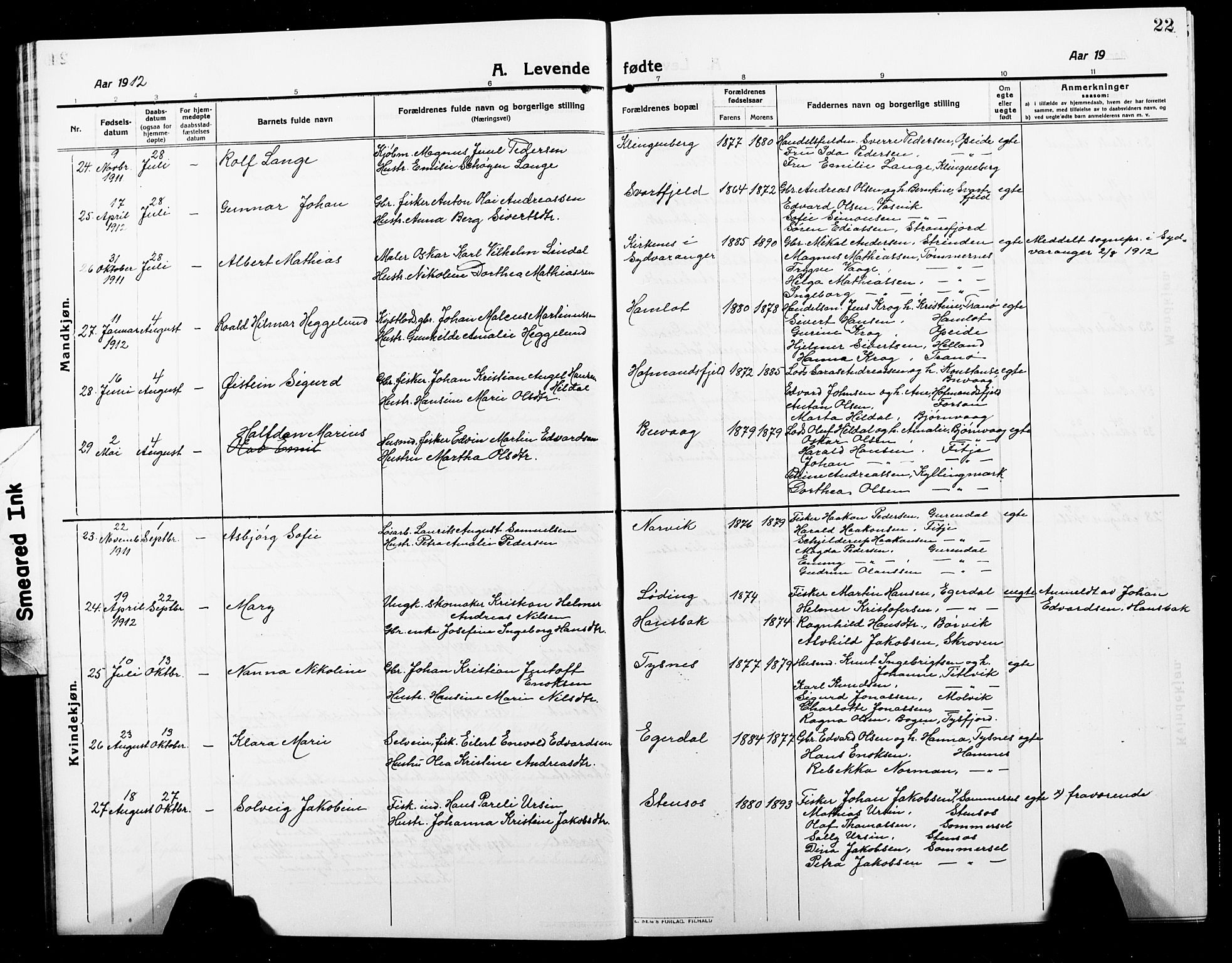 Ministerialprotokoller, klokkerbøker og fødselsregistre - Nordland, AV/SAT-A-1459/859/L0861: Klokkerbok nr. 859C07, 1910-1925, s. 22