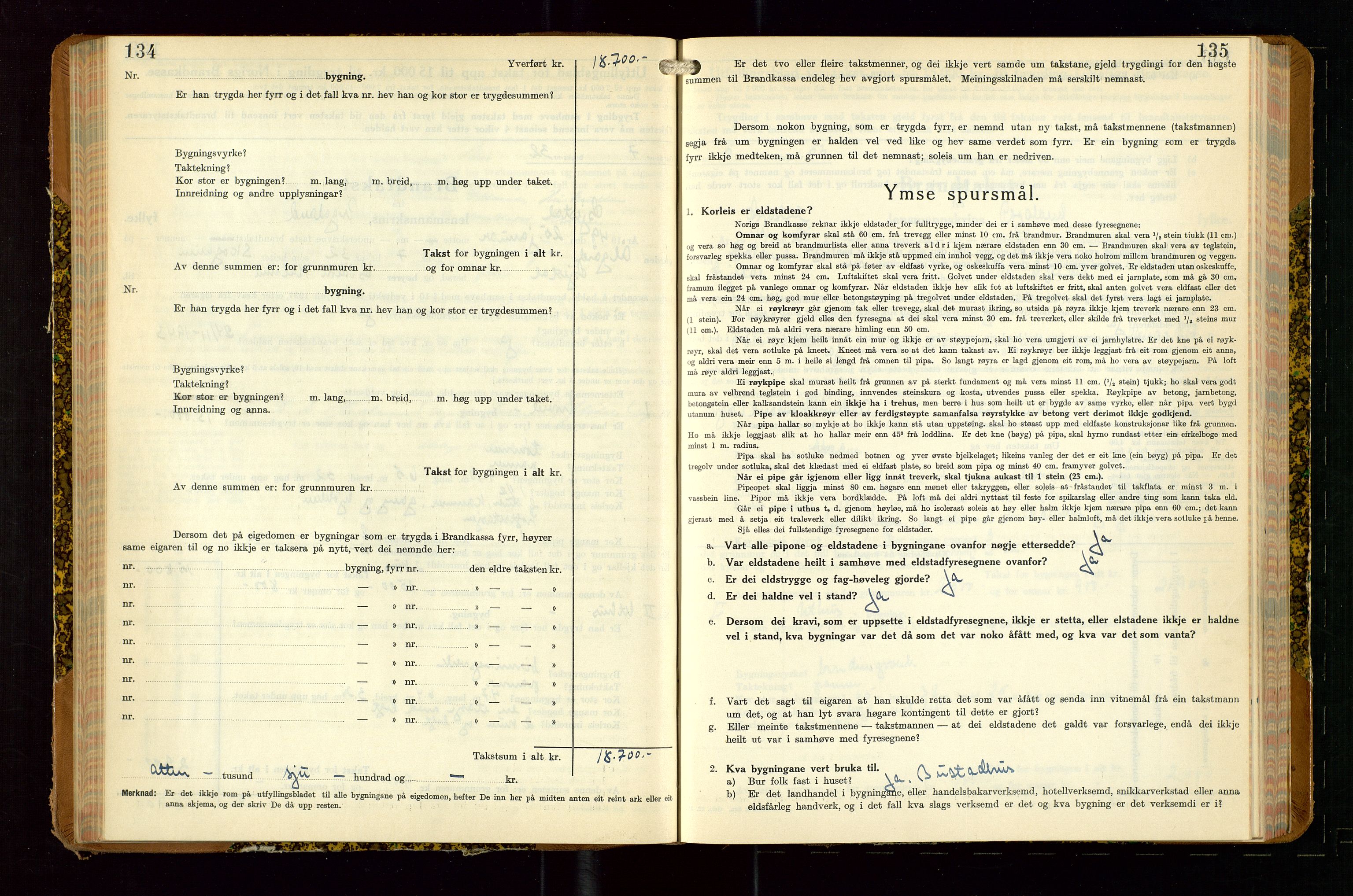 Gjesdal lensmannskontor, AV/SAST-A-100441/Go/L0008: Branntakstskjemaprotokoll, 1937-1955, s. 134-135