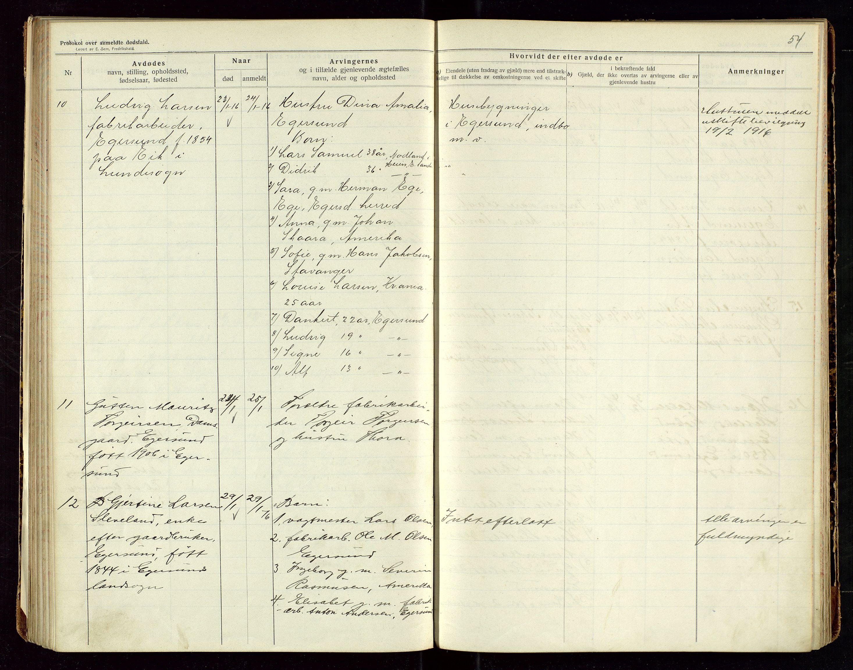 Eigersund lensmannskontor, SAST/A-100171/Gga/L0006: "Protokol over anmeldte dødsfald" m/alfabetisk navneregister, 1914-1917, s. 54