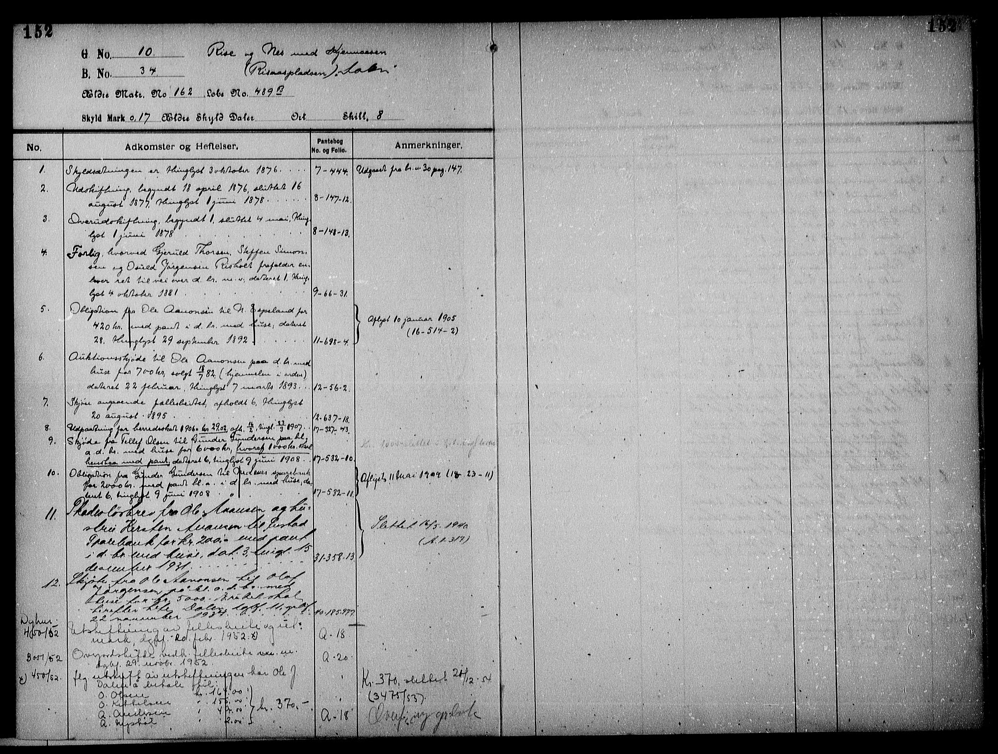 Nedenes sorenskriveri, AV/SAK-1221-0006/G/Ga/Gaa/L0063: Panteregister nr. 54a, 1800-1955, s. 152