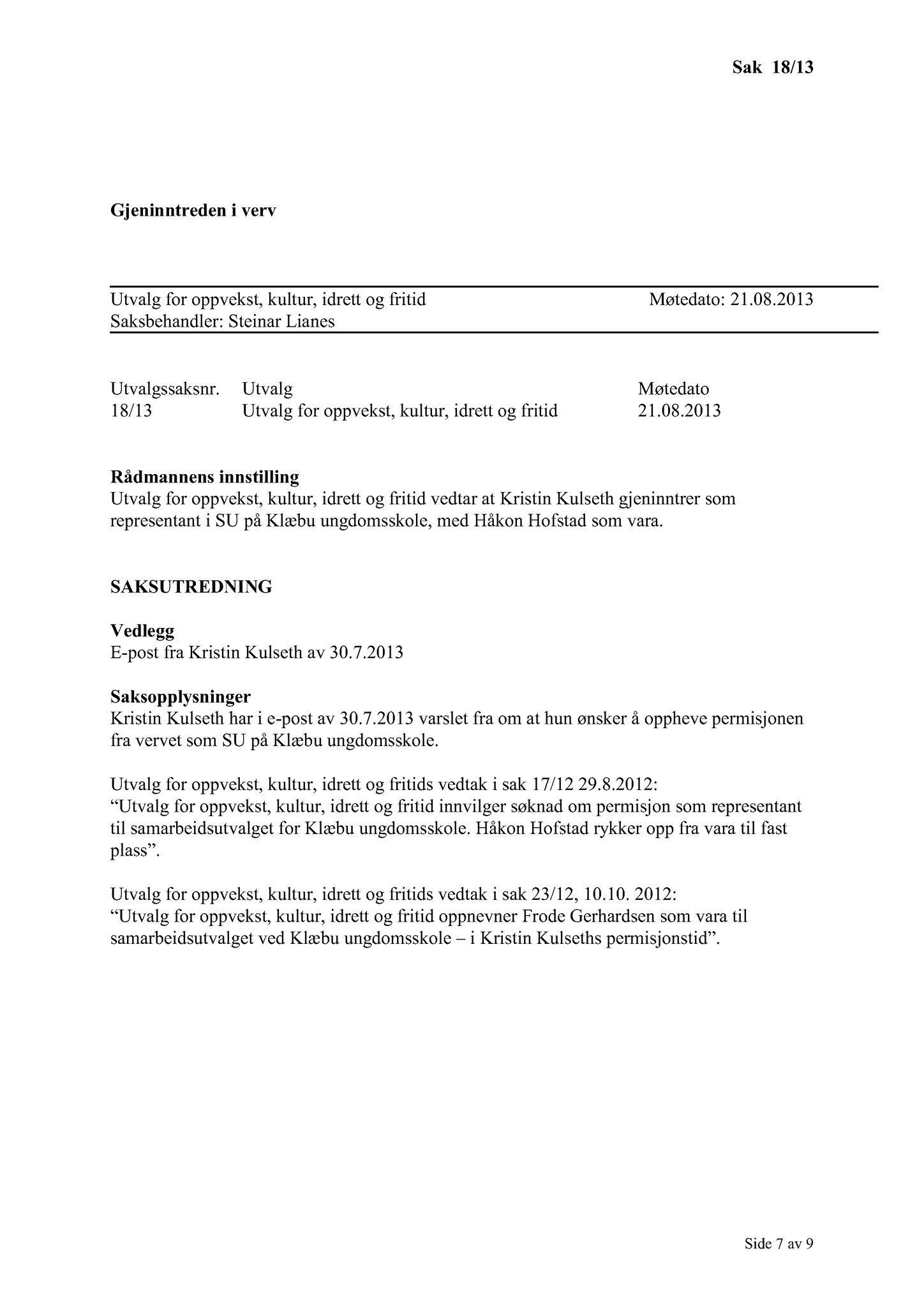 Klæbu Kommune, TRKO/KK/04-UO/L004: Utvalg for oppvekst - Møtedokumenter, 2013, s. 139