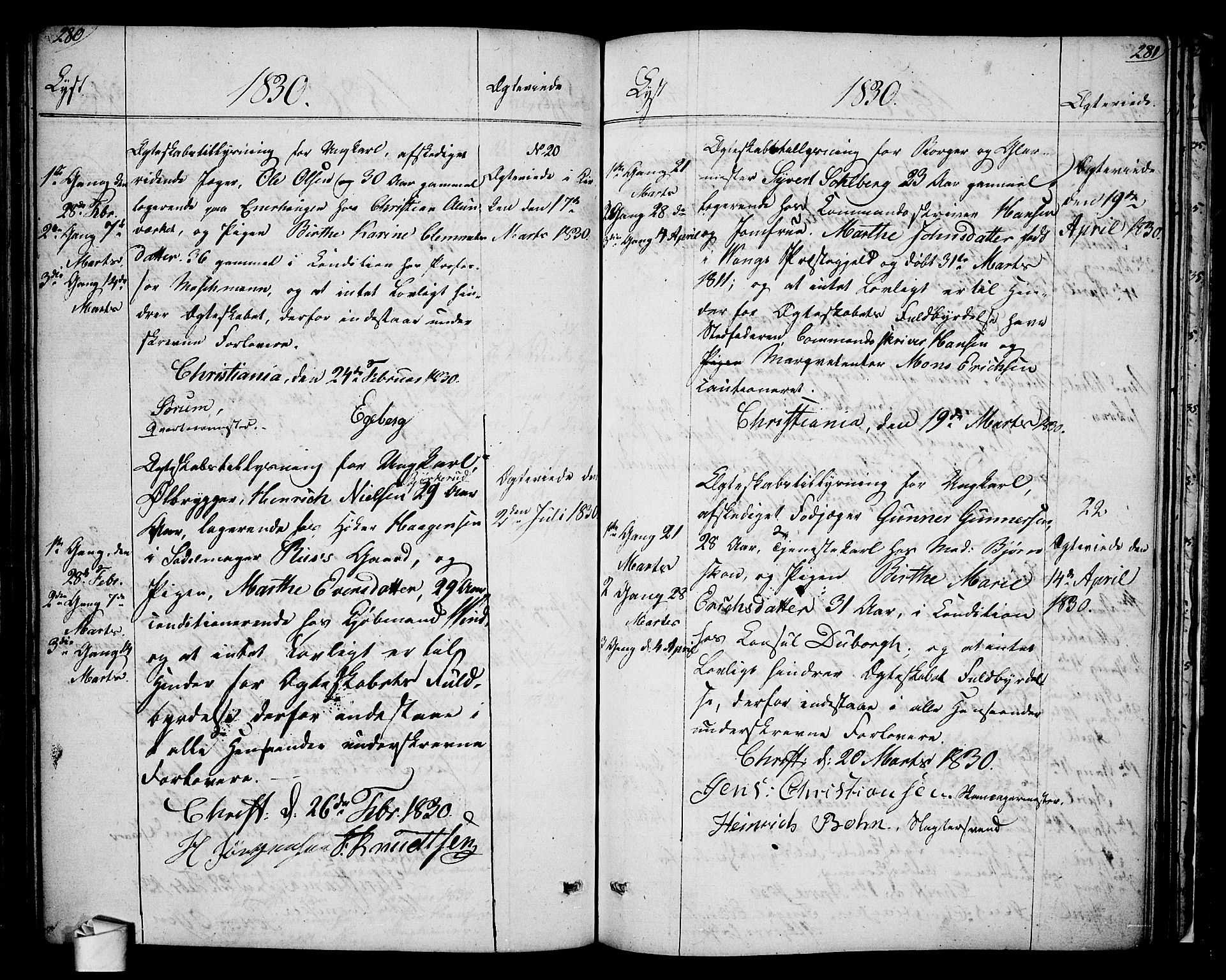 Oslo domkirke Kirkebøker, AV/SAO-A-10752/L/La/L0013: Forlovererklæringer nr. 13, 1822-1837, s. 280-281