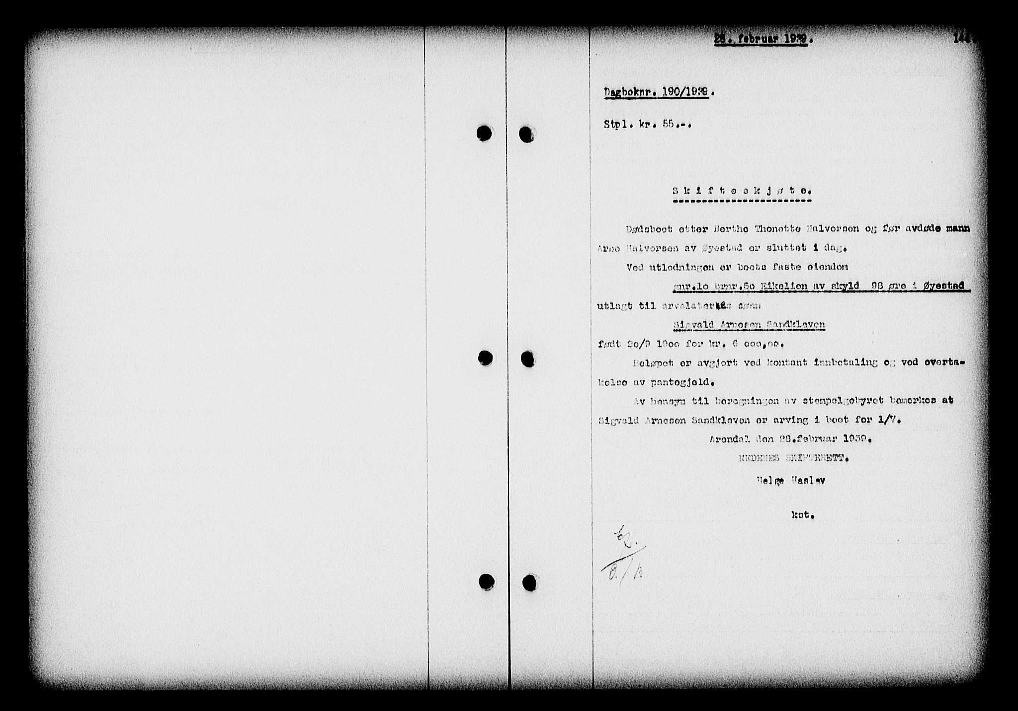 Nedenes sorenskriveri, SAK/1221-0006/G/Gb/Gba/L0046: Pantebok nr. 42, 1938-1939, Dagboknr: 190/1939