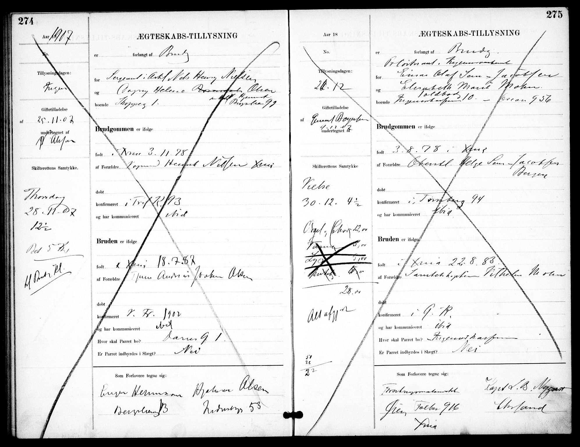 Garnisonsmenigheten Kirkebøker, SAO/A-10846/H/Ha/L0008: Lysningsprotokoll nr. I 8, 1894-1908, s. 274-275