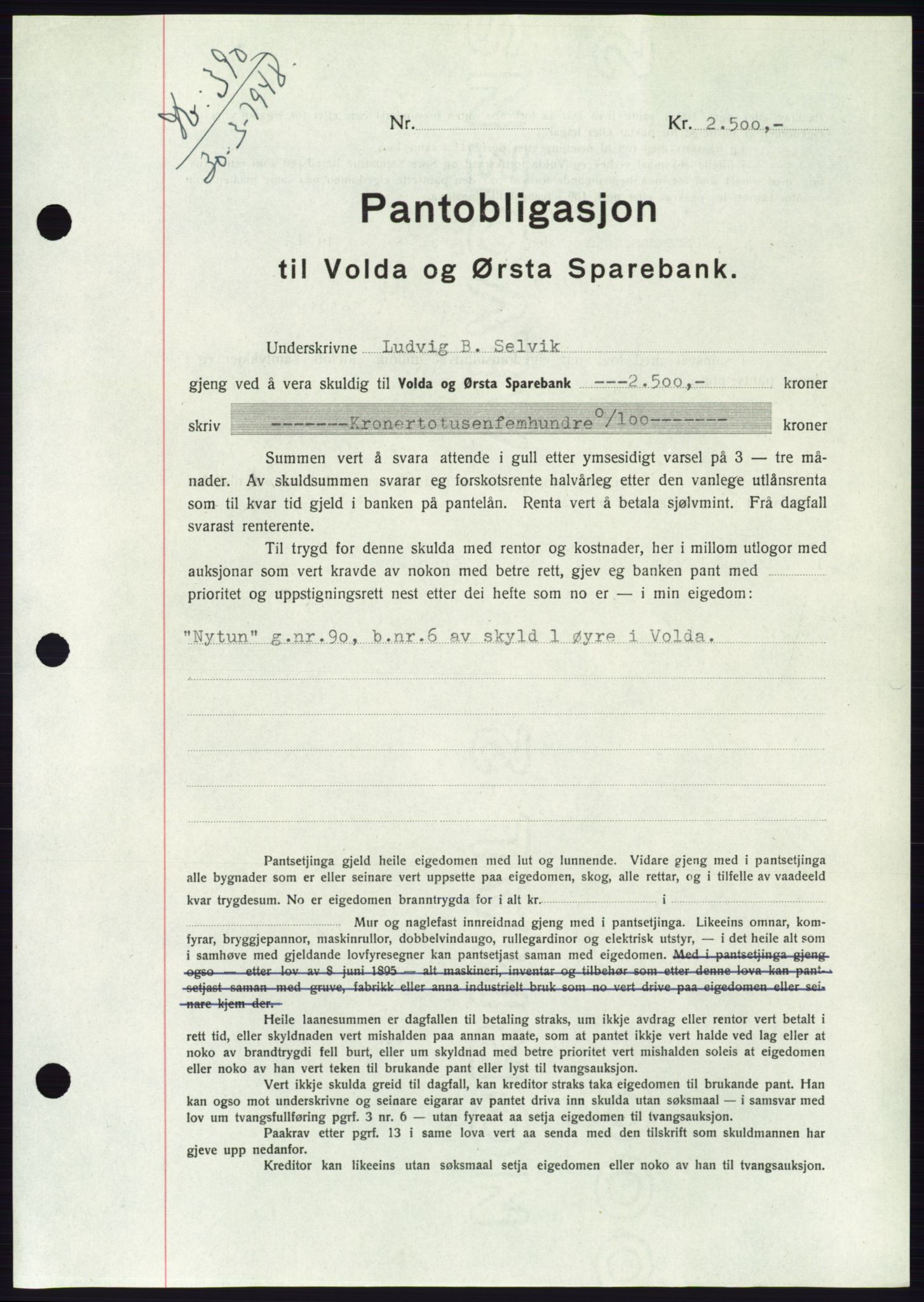 Søre Sunnmøre sorenskriveri, AV/SAT-A-4122/1/2/2C/L0115: Pantebok nr. 3B, 1947-1948, Dagboknr: 390/1948