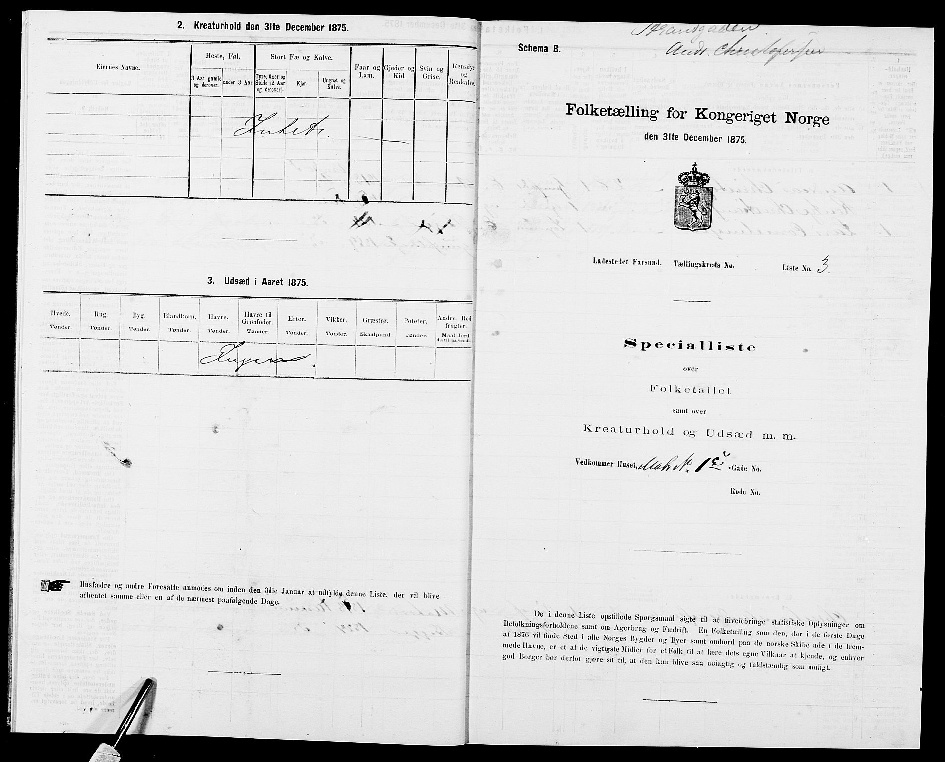 SAK, Folketelling 1875 for 1003B Vanse prestegjeld, Farsund ladested, 1875, s. 12