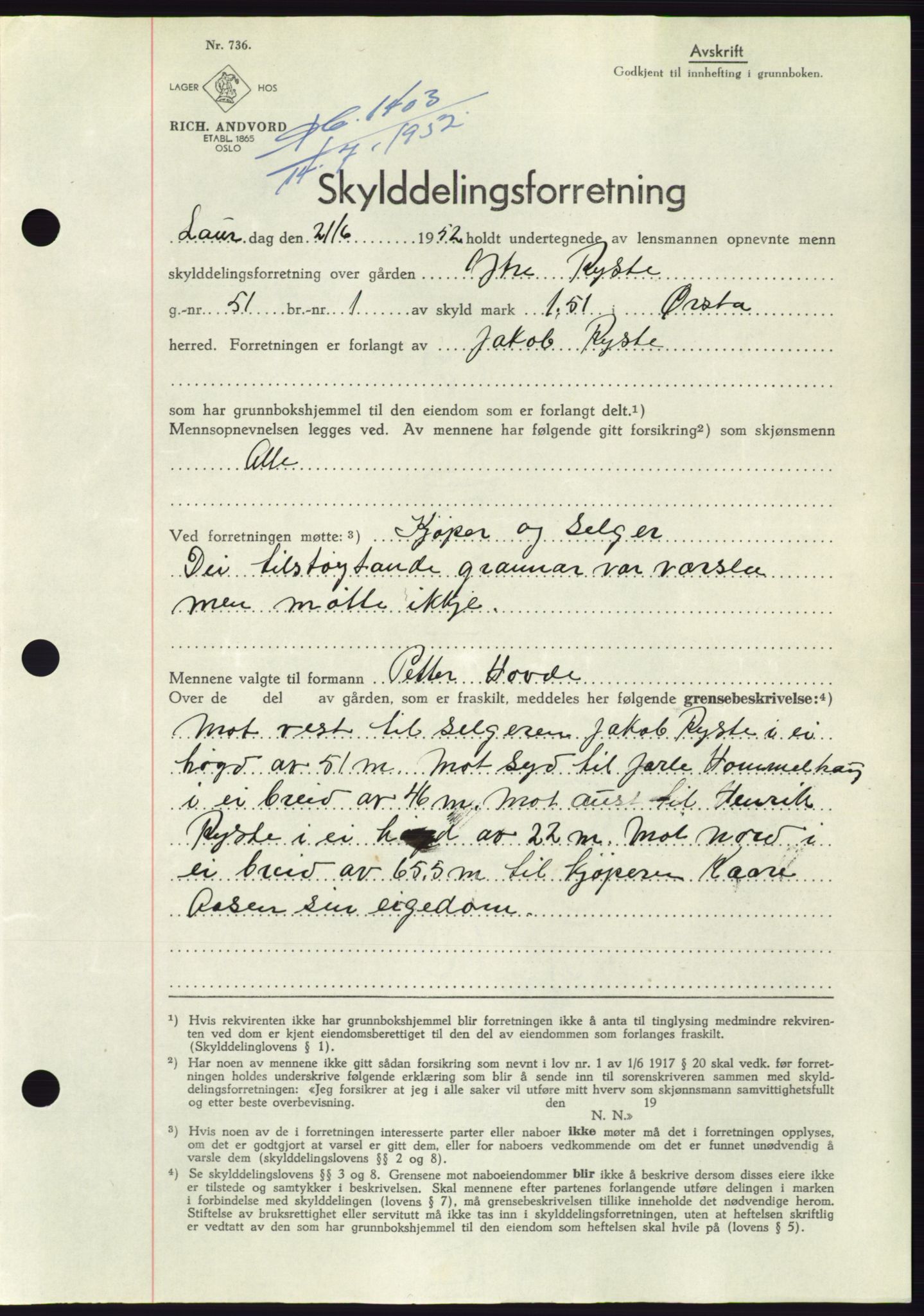 Søre Sunnmøre sorenskriveri, AV/SAT-A-4122/1/2/2C/L0092: Pantebok nr. 18A, 1952-1952, Dagboknr: 1403/1952