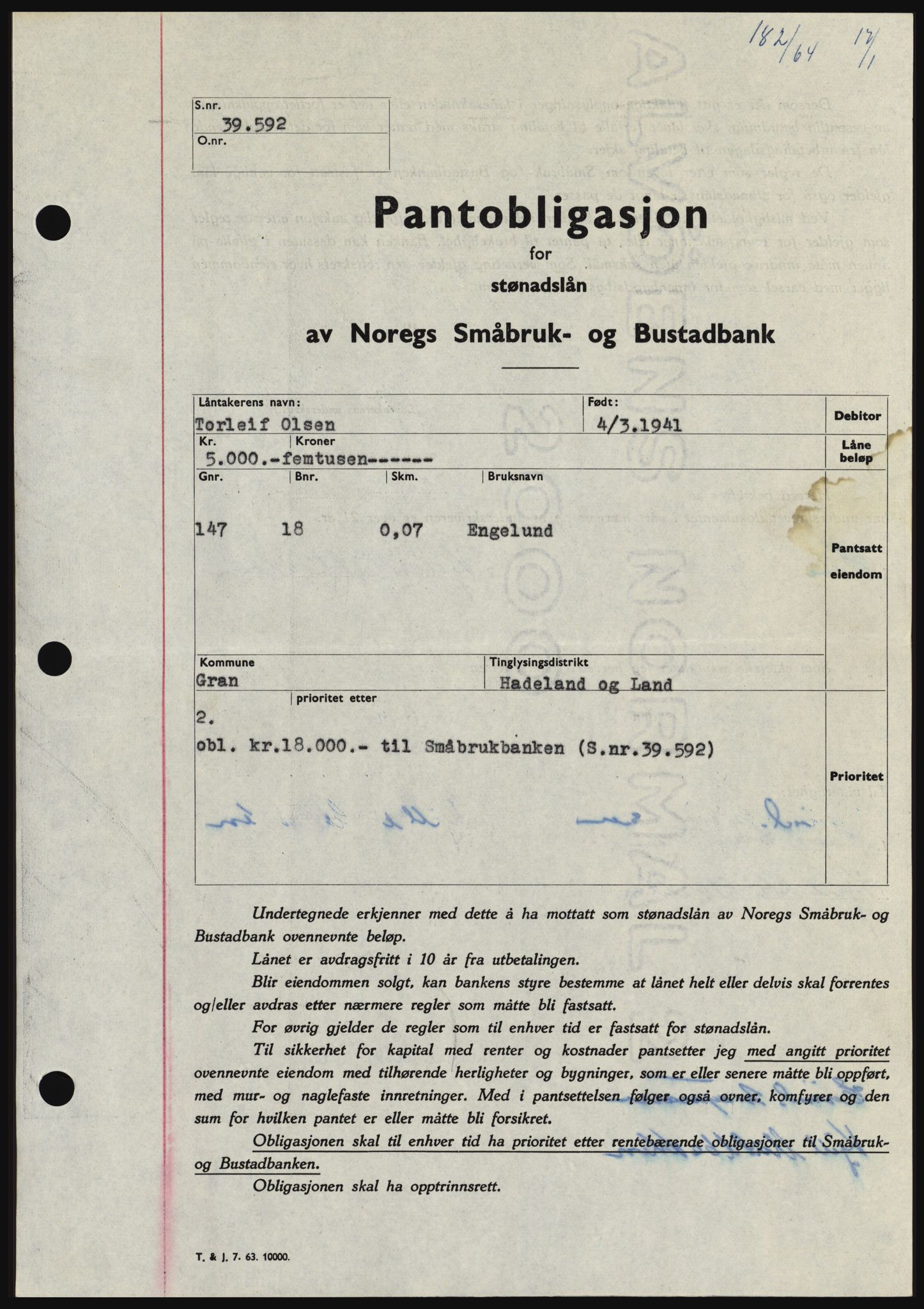 Hadeland og Land tingrett, SAH/TING-010/H/Hb/Hbc/L0053: Pantebok nr. B53, 1963-1964, Dagboknr: 182/1964