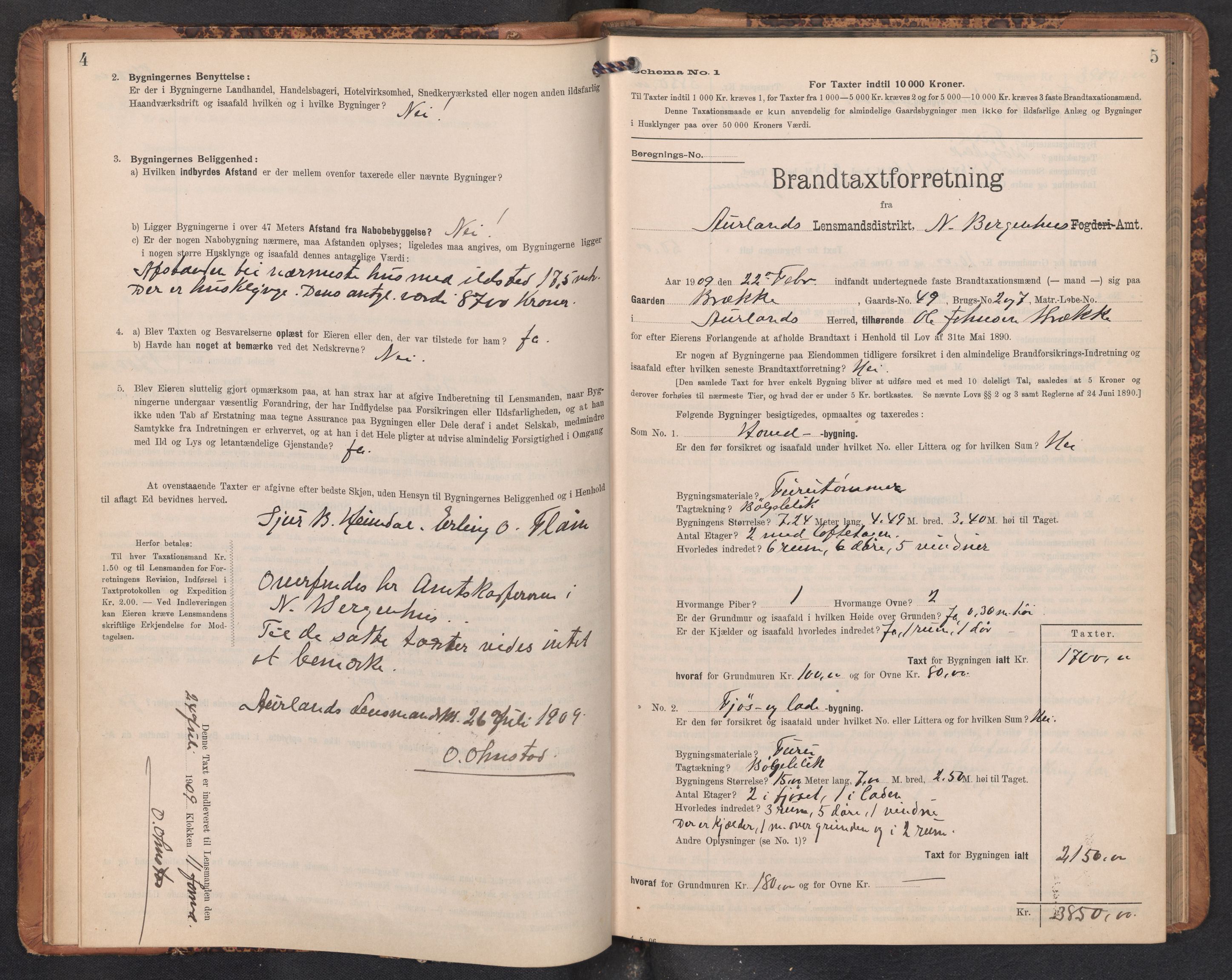 Lensmannen i Aurland, SAB/A-26401/0012/L0005: Branntakstprotokoll, skjematakst, 1909-1916, s. 4-5