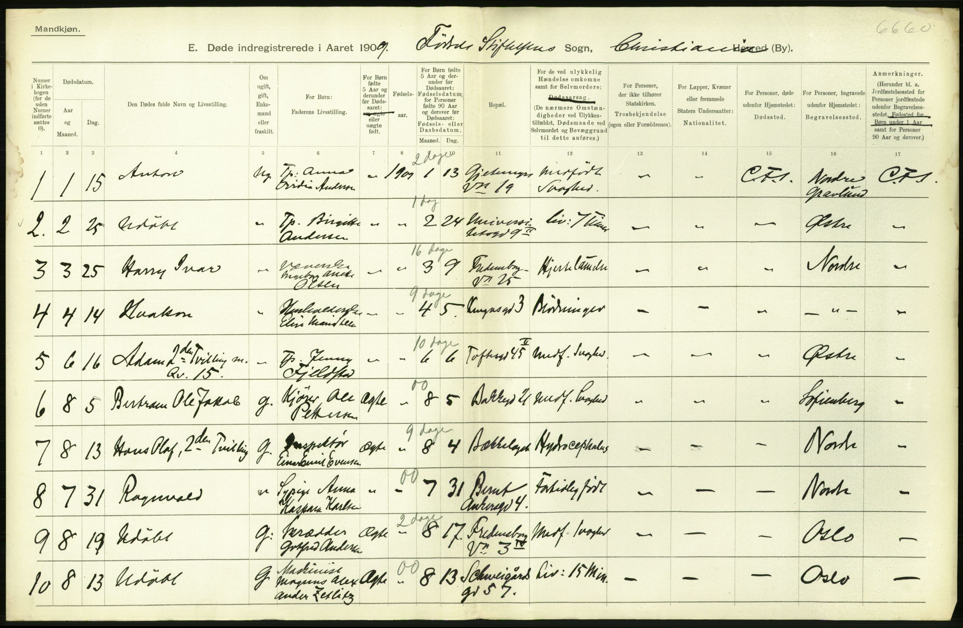 Statistisk sentralbyrå, Sosiodemografiske emner, Befolkning, AV/RA-S-2228/D/Df/Dfa/Dfag/L0010: Kristiania: Døde, dødfødte., 1909, s. 214