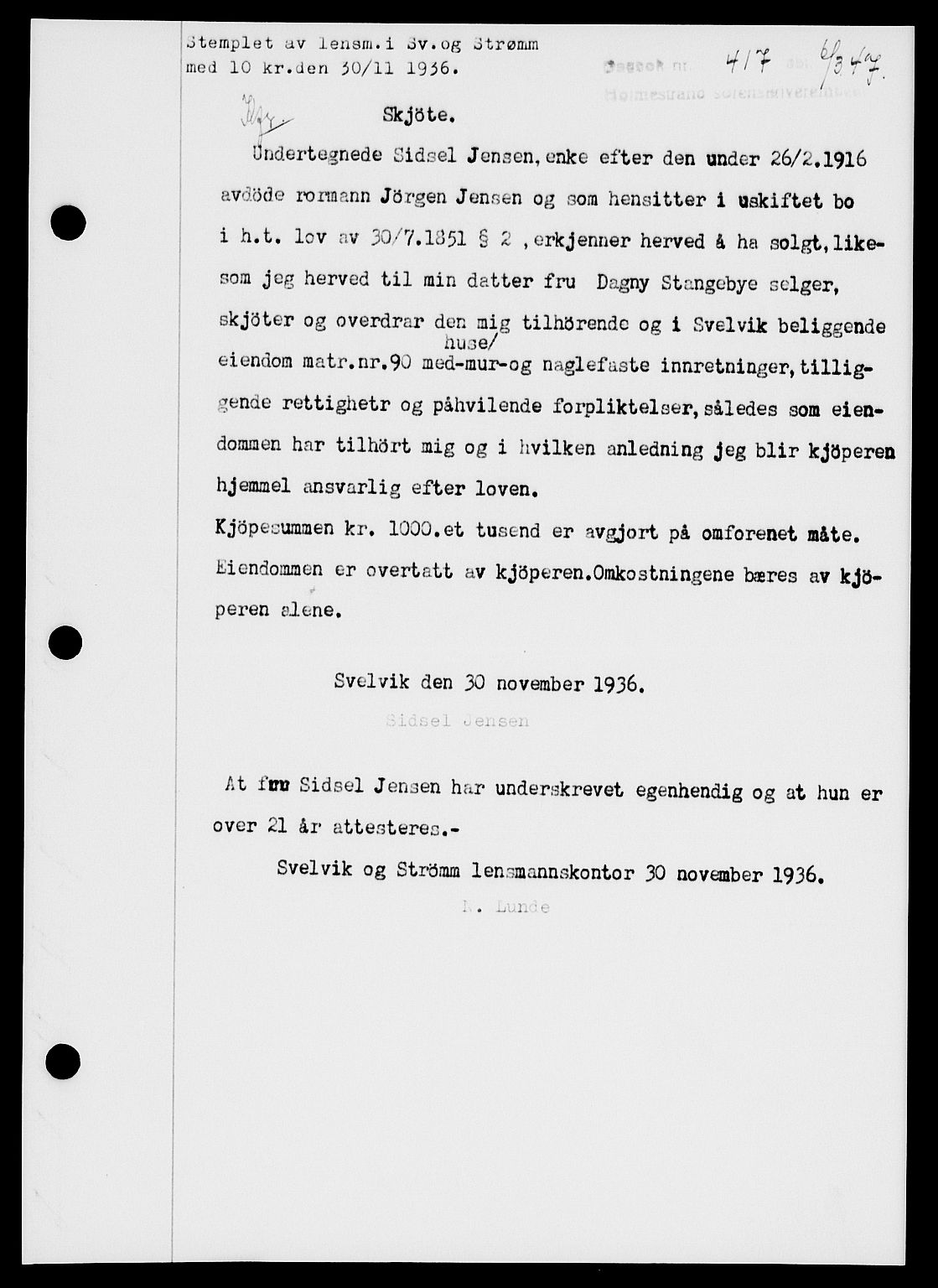 Holmestrand sorenskriveri, SAKO/A-67/G/Ga/Gaa/L0061: Pantebok nr. A-61, 1946-1947, Dagboknr: 417/1947