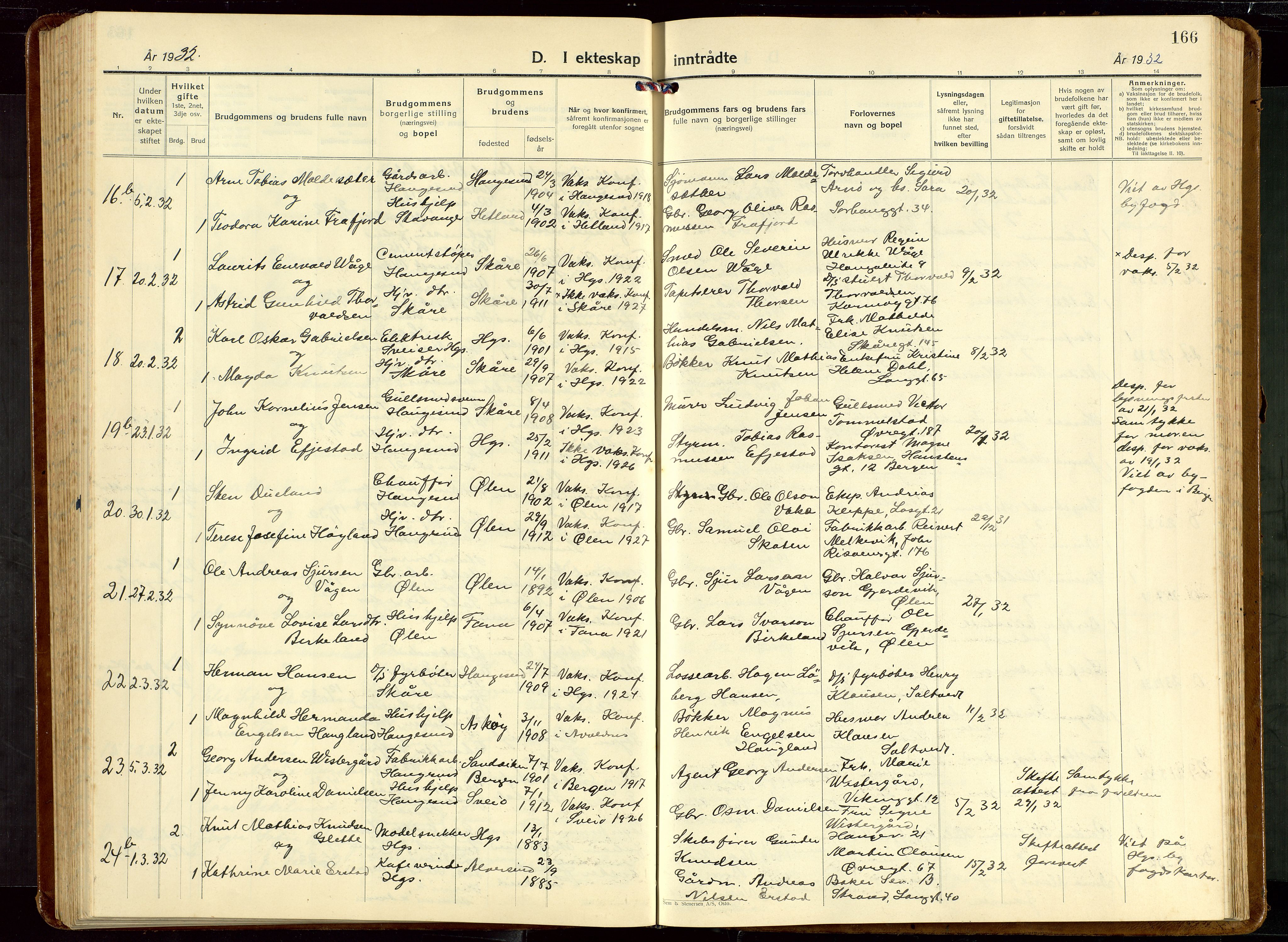 Haugesund sokneprestkontor, AV/SAST-A -101863/H/Ha/Hab/L0013: Klokkerbok nr. B 13, 1931-1943, s. 166