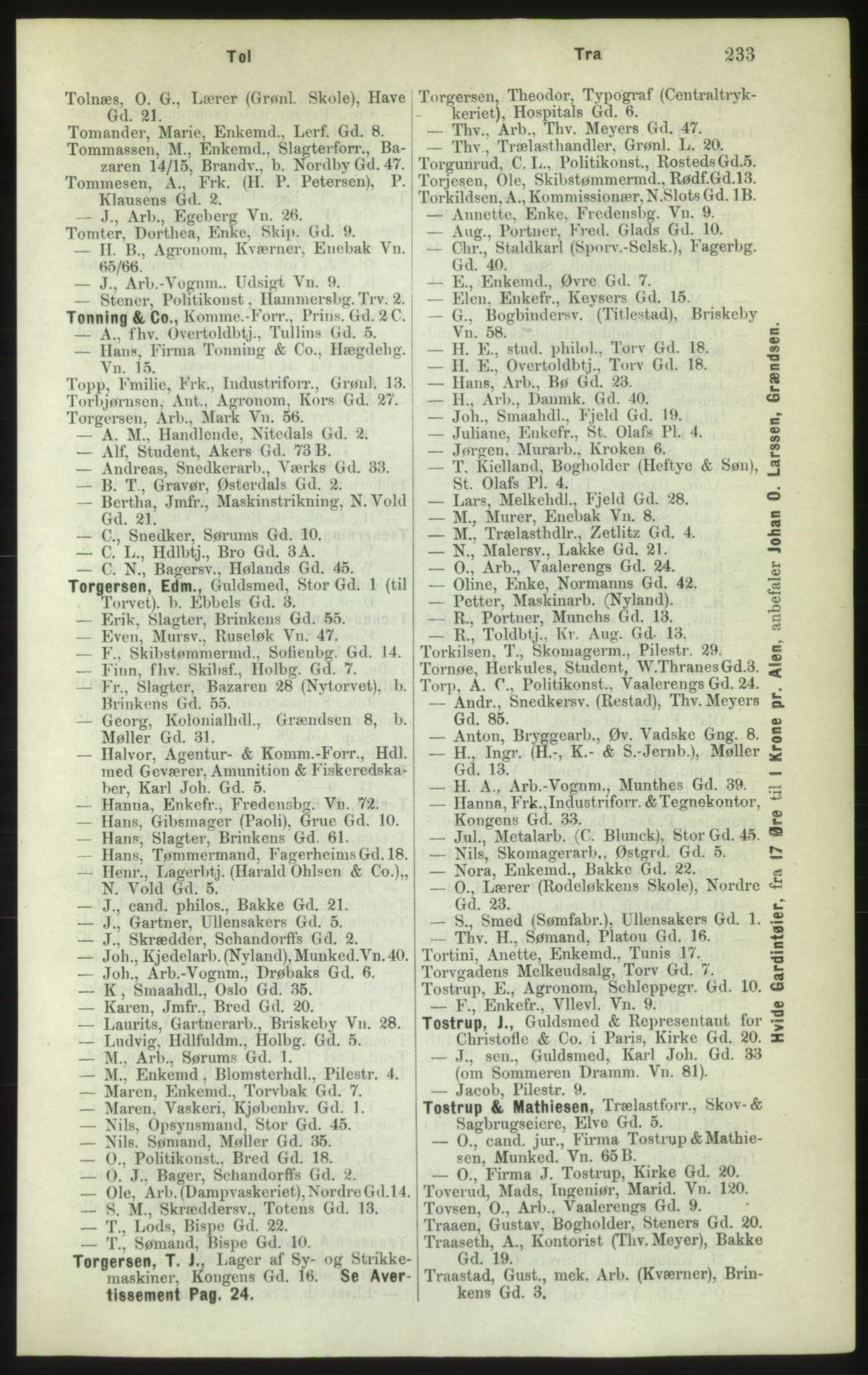 Kristiania/Oslo adressebok, PUBL/-, 1882, s. 233