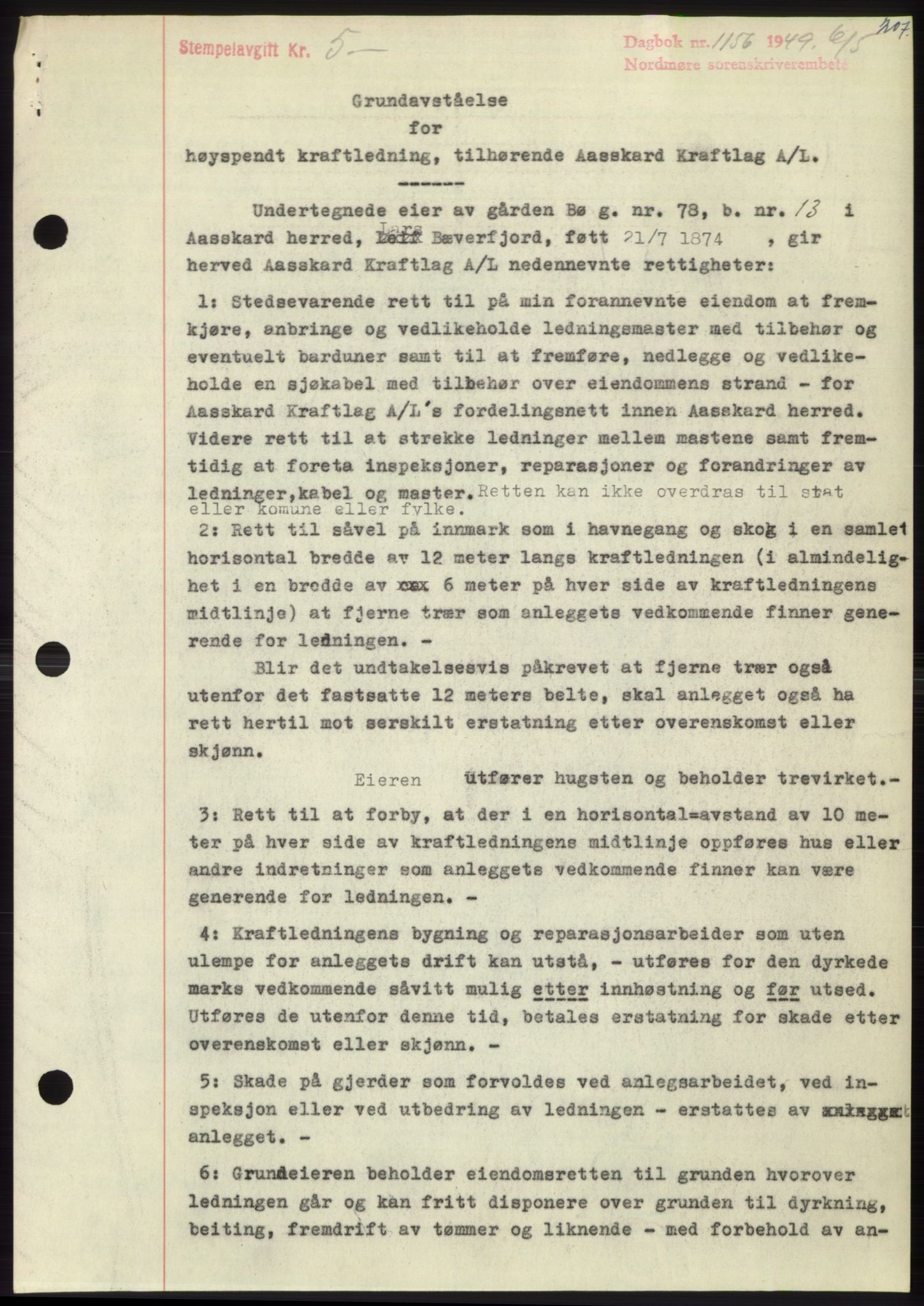 Nordmøre sorenskriveri, SAT/A-4132/1/2/2Ca: Pantebok nr. B101, 1949-1949, Dagboknr: 1156/1949