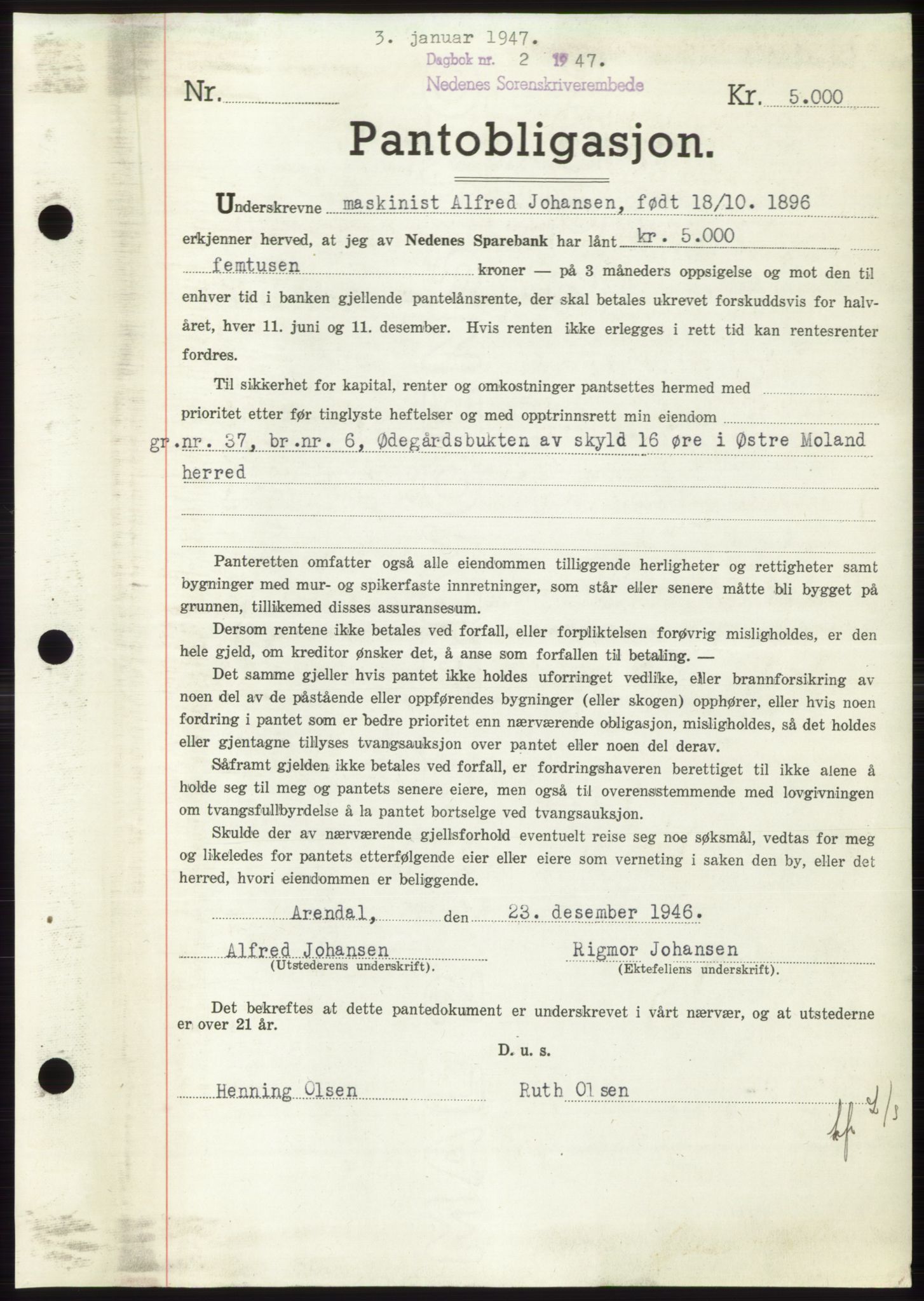 Nedenes sorenskriveri, AV/SAK-1221-0006/G/Gb/Gbb/L0004: Pantebok nr. B4, 1947-1947, Dagboknr: 2/1947