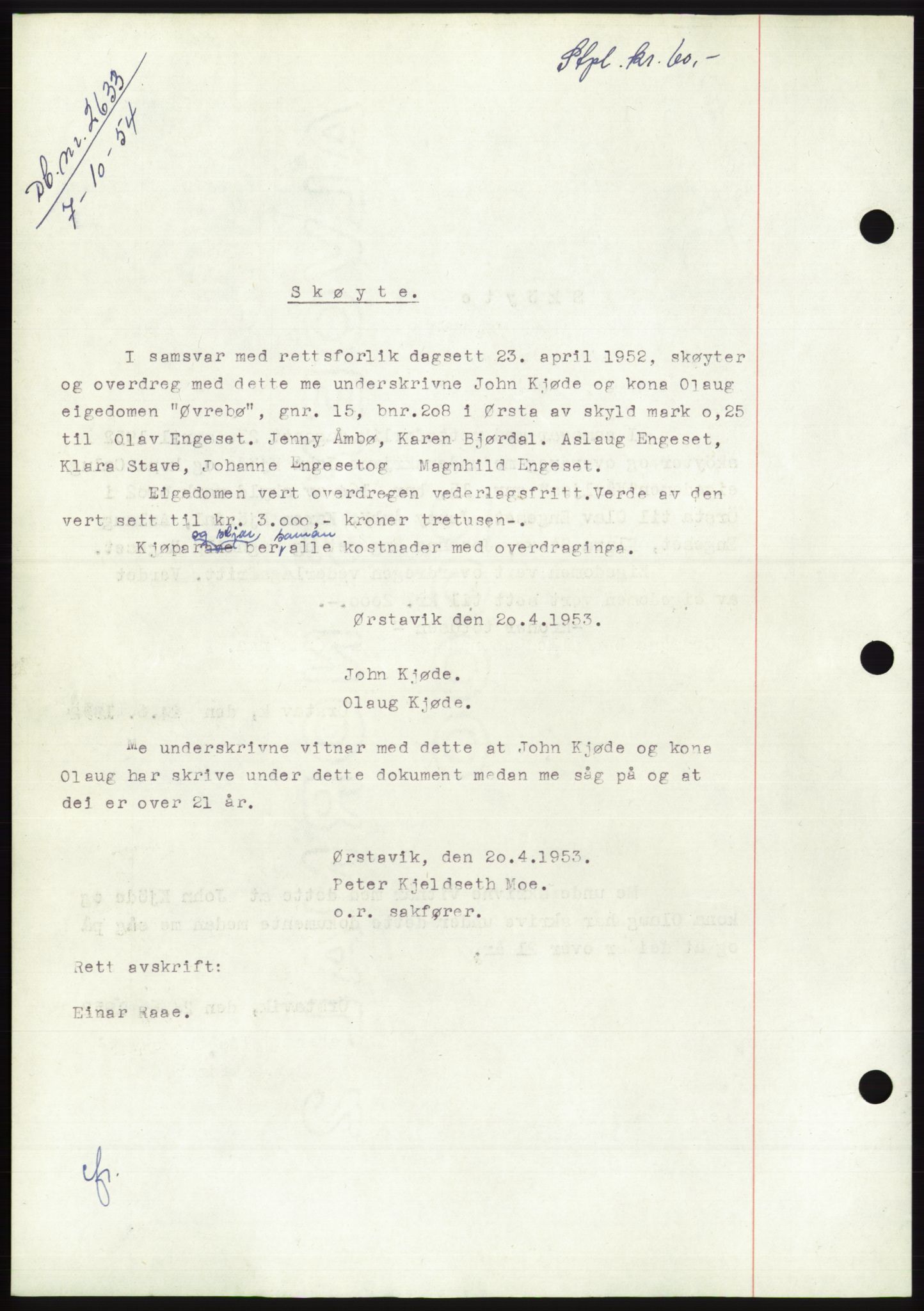 Søre Sunnmøre sorenskriveri, AV/SAT-A-4122/1/2/2C/L0099: Pantebok nr. 25A, 1954-1954, Dagboknr: 2633/1954
