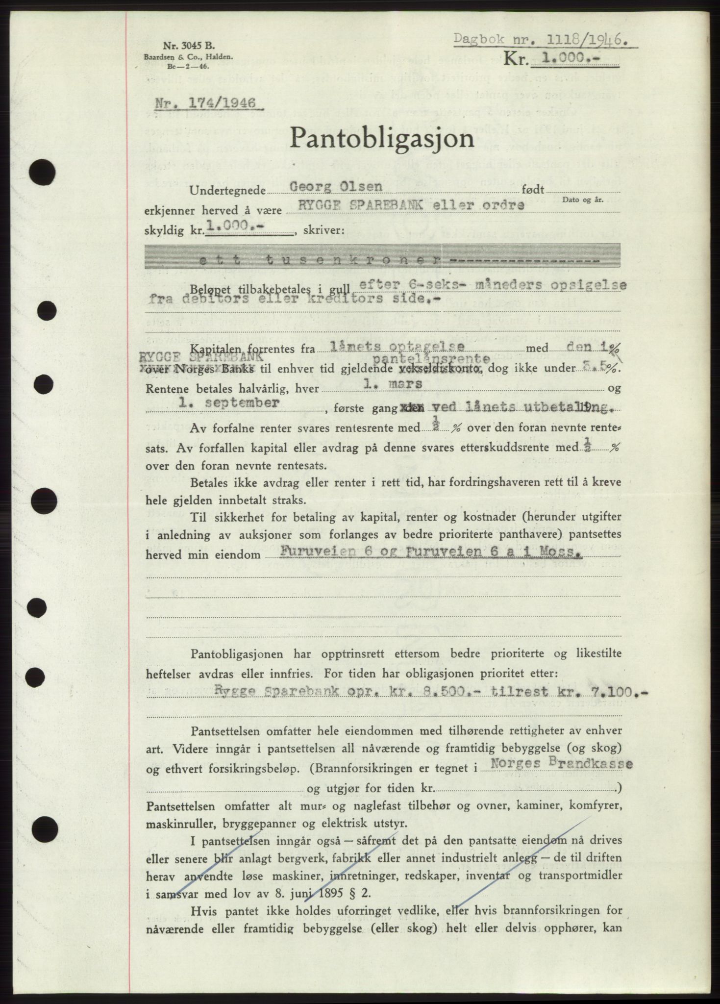 Moss sorenskriveri, SAO/A-10168: Pantebok nr. B15, 1946-1946, Dagboknr: 1118/1946
