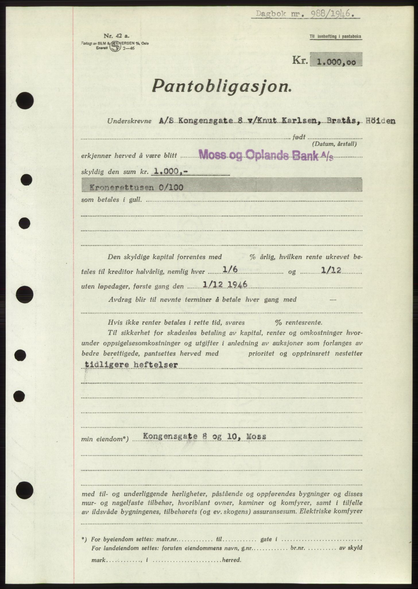 Moss sorenskriveri, SAO/A-10168: Pantebok nr. B15, 1946-1946, Dagboknr: 988/1946