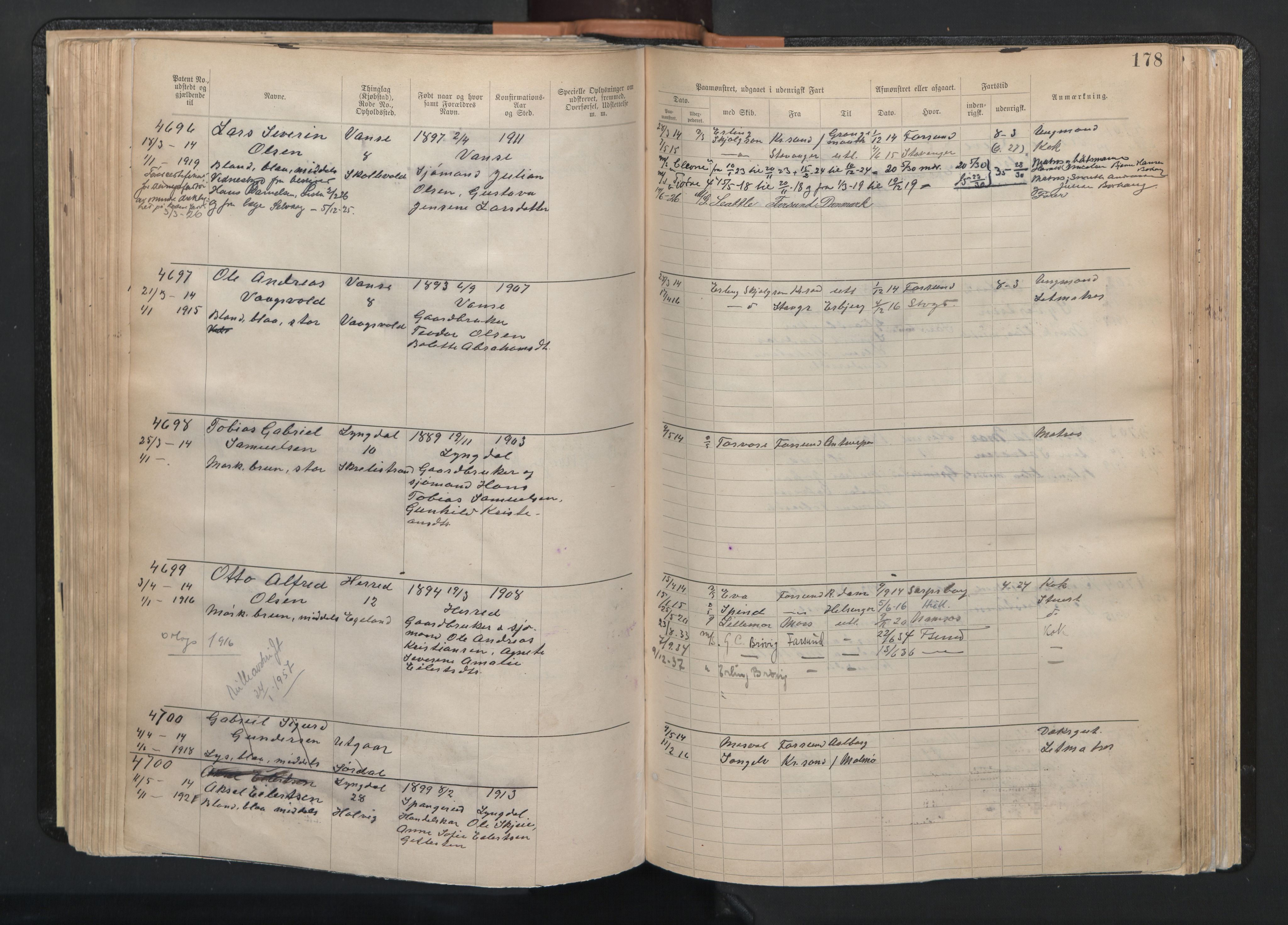 Farsund mønstringskrets, AV/SAK-2031-0017/F/Fa/L0003: Annotasjonsrulle nr 3816-5304 med register, M-3, 1894-1948, s. 209