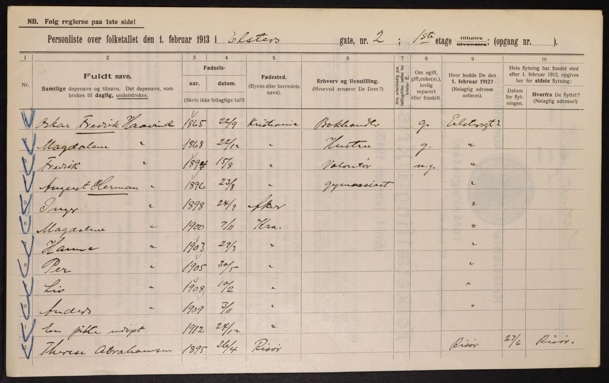 OBA, Kommunal folketelling 1.2.1913 for Kristiania, 1913, s. 20962