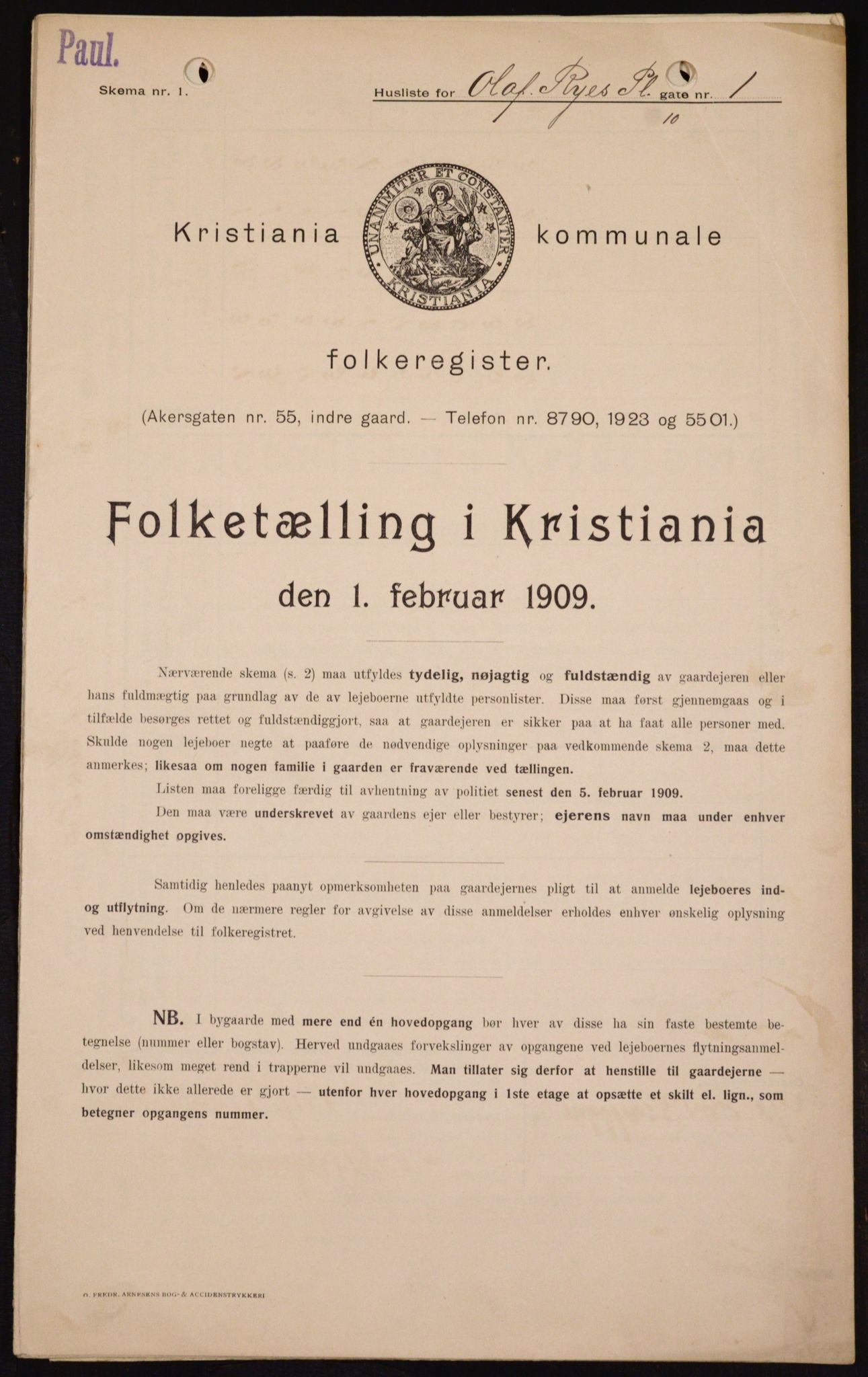 OBA, Kommunal folketelling 1.2.1909 for Kristiania kjøpstad, 1909, s. 67894