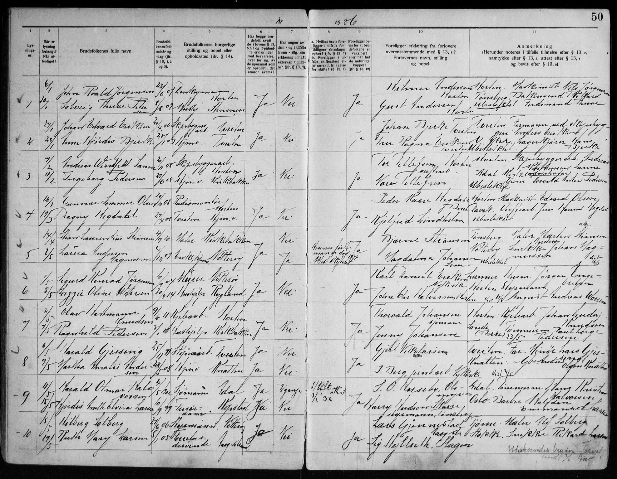 Borre kirkebøker, AV/SAKO-A-338/H/Ha/L0003: Lysningsprotokoll nr. 3, 1919-1949, s. 50