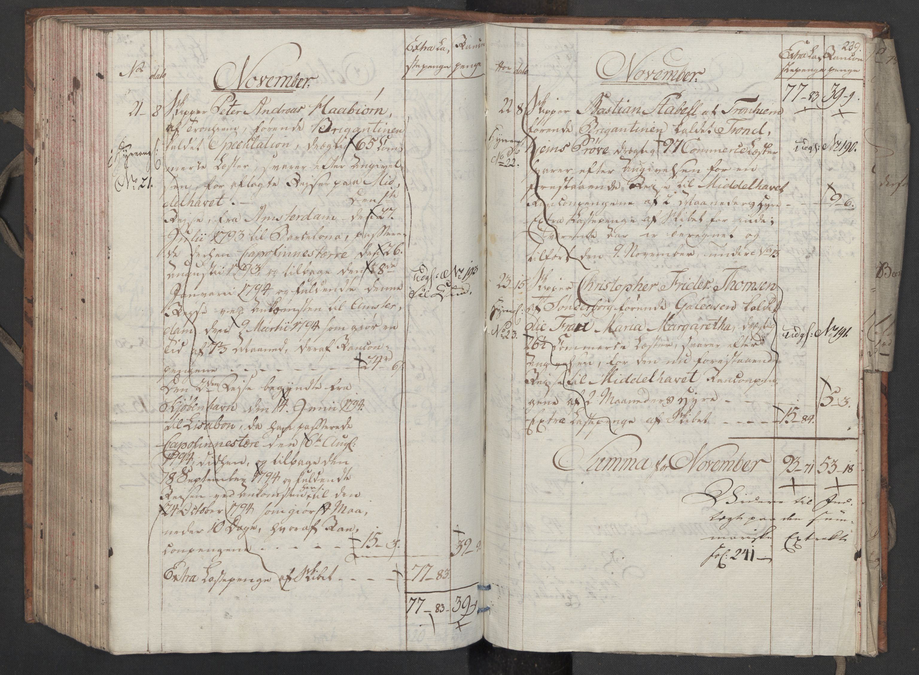 Generaltollkammeret, tollregnskaper, AV/RA-EA-5490/R33/L0206/0001: Tollregnskaper Trondheim A / Utgående tollbok, 1794, s. 238b-239a