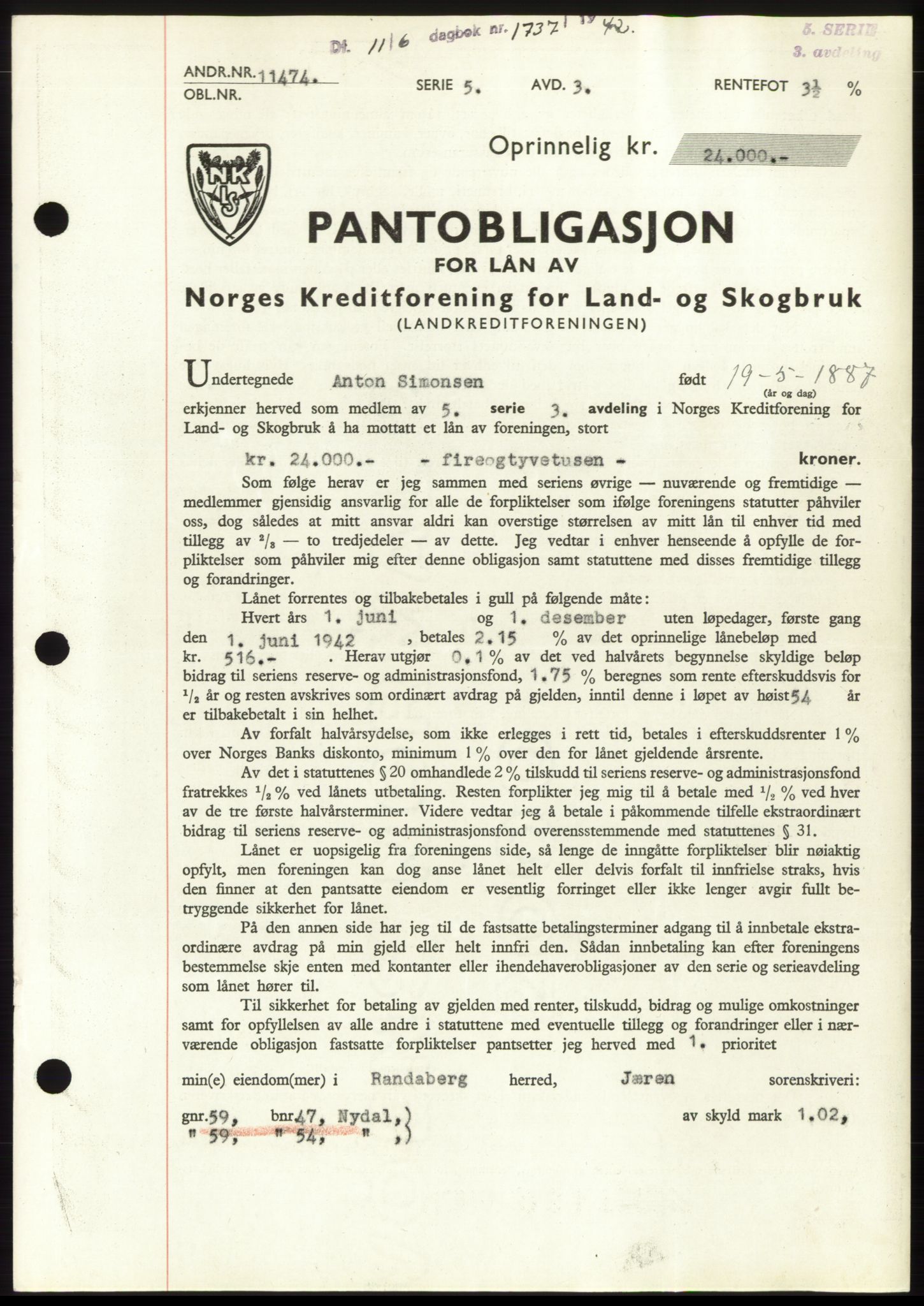 Jæren sorenskriveri, SAST/A-100310/03/G/Gba/L0082: Pantebok, 1942-1942, Dagboknr: 1737/1942