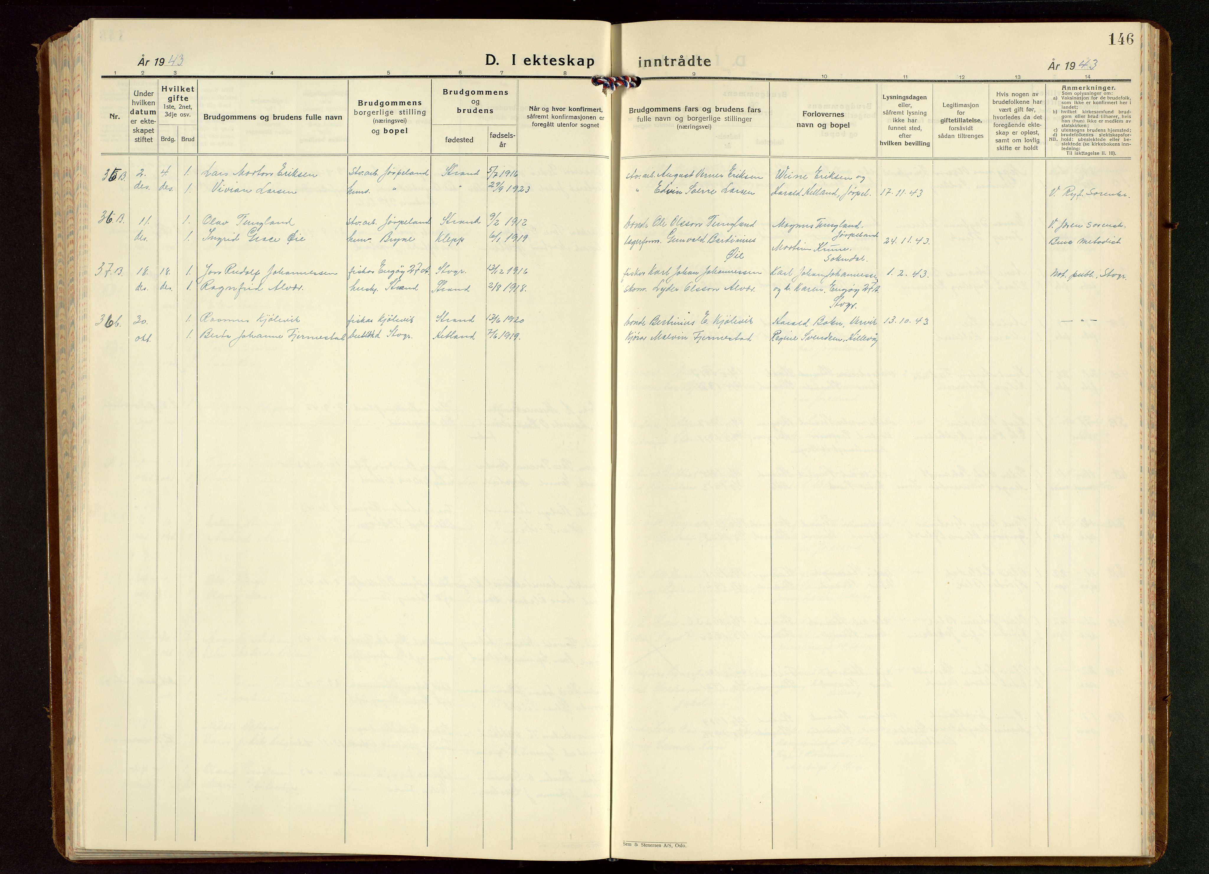 Strand sokneprestkontor, AV/SAST-A-101828/H/Ha/Hab/L0006: Klokkerbok nr. B 6, 1933-1950, s. 146